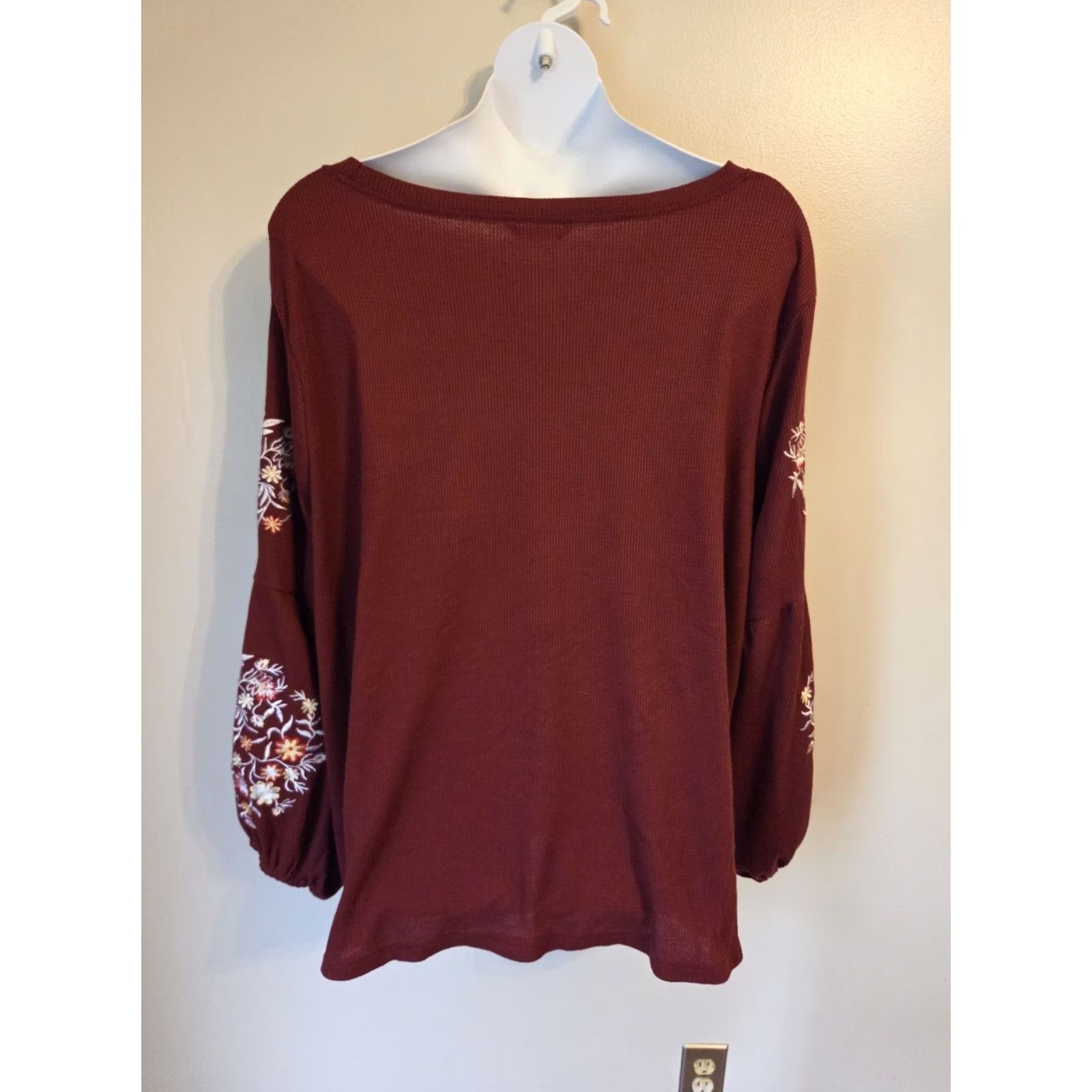 Vintage Bloomchic Burgundy Floral Embroidered Waffle Knit Balloon Sleeve Top Red 30 6X Plus Womens Size 4XL / US 24-26 - 5 Thumbnail