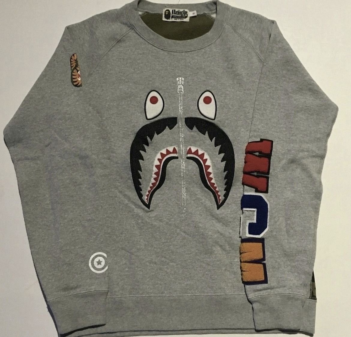 Image of Bape Camo Shark Crew Neck Sweatshirt in Grey, Men's (Size Small)