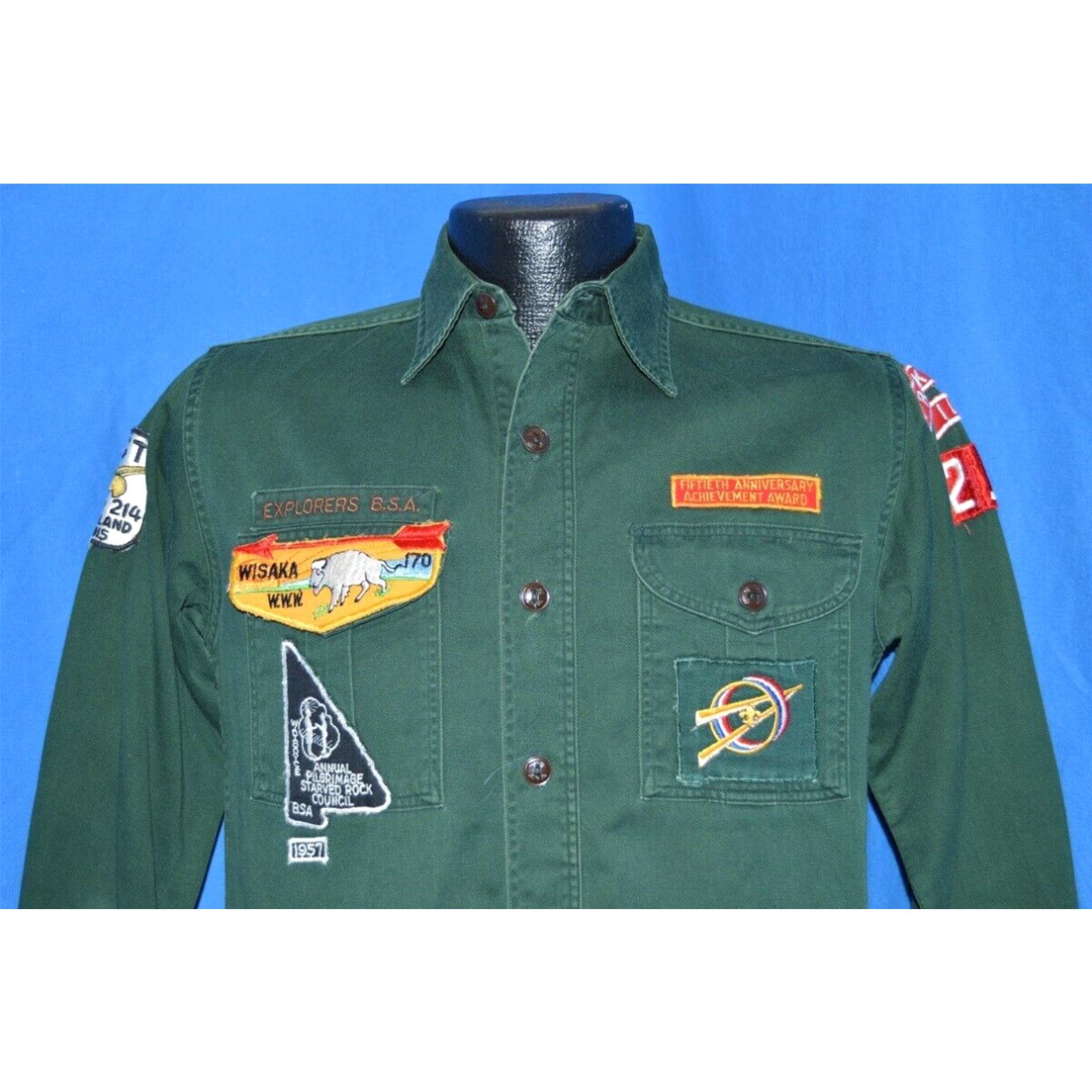 image of Vintage 50S Boy Scouts Explorer Bsa Rock Island 214 Wisaka 170 Uniform Shirt M in White, Men's