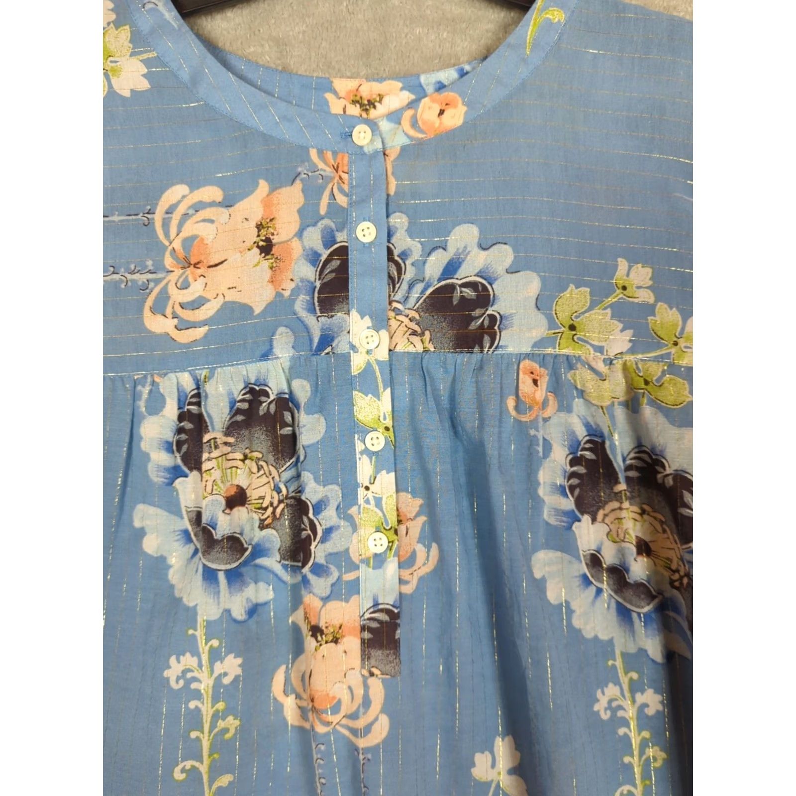Loft VINTAGE Loft Blue Shimmer Floral blossom Blouse Tie Cuff Bell Sleeve Button Front Top M Size M / US 6-8 / IT 42-44 - 2 Thumbnail