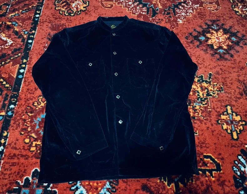 Needles Needles Navy Velour Collarless Shirt - dmc Size US S / EU 44-46 / 1 - 1 Thumbnail