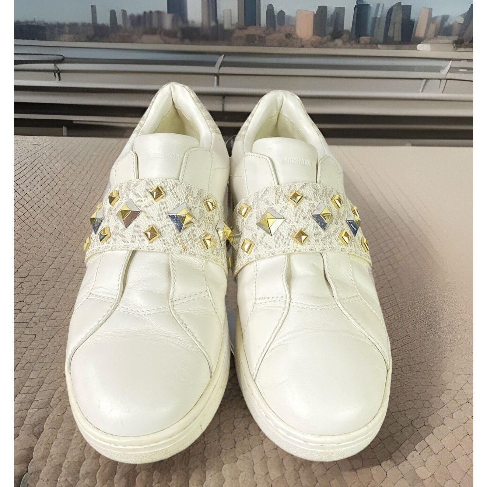 Michael Kors MICHAEL MICHAEL KORS KENNA White/Gold STUDDED Lther Sneaker Size US 7.5 / IT 37.5 - 8 Thumbnail