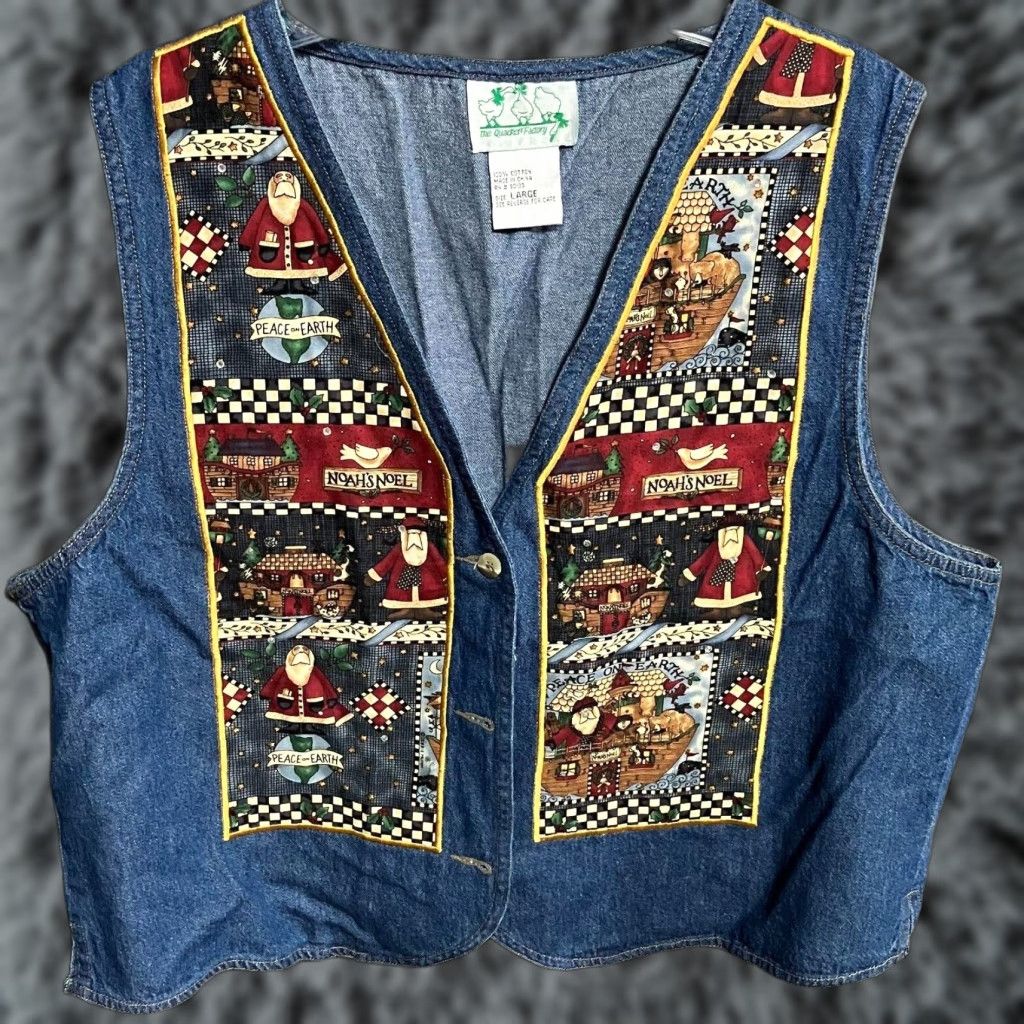 Quacker Factory VINTAGE Quacker Factory Denim Christmas Vest L Women Blue Sequin Santa Noahs Ark 80s 90s Vest Mens Womens Girls Size L / US 10 / IT 46 - 1 Thumbnail