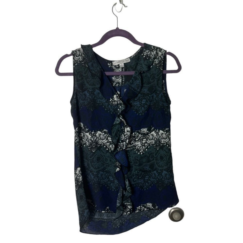 Other Larry Levine Blue Abstract Ruffle Sleeveless Blouse | Size S Size S / US 4 / IT 40 - 2 Thumbnail