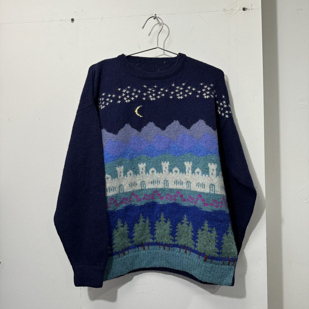 image of Made In USA x Vintage Acrylic Wool Castle Night Theme Sweater L in Blue, Men's (Size Medium)