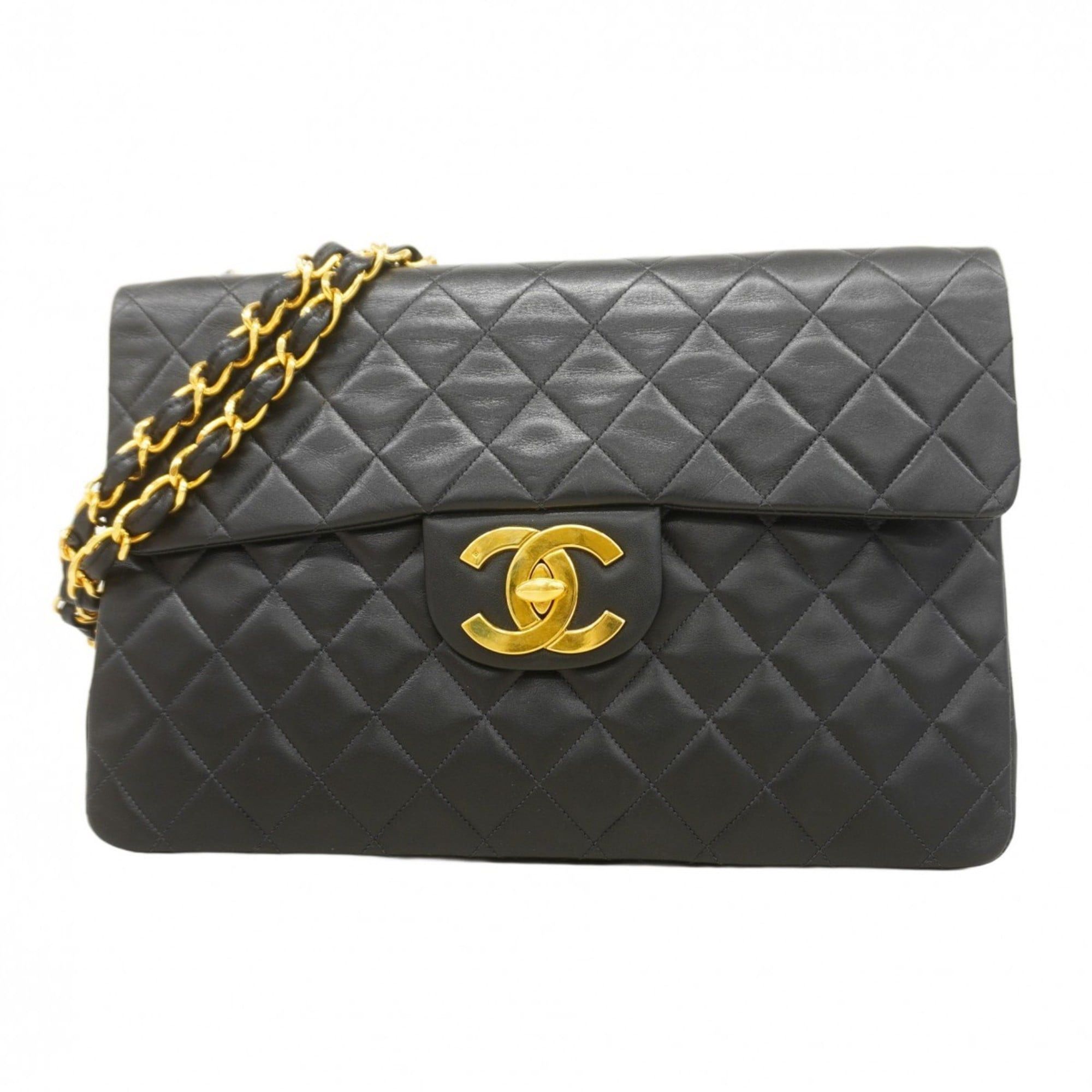 Chanel Shoulder Bag Large Matelasse Double Chain Lambskin Black Women's