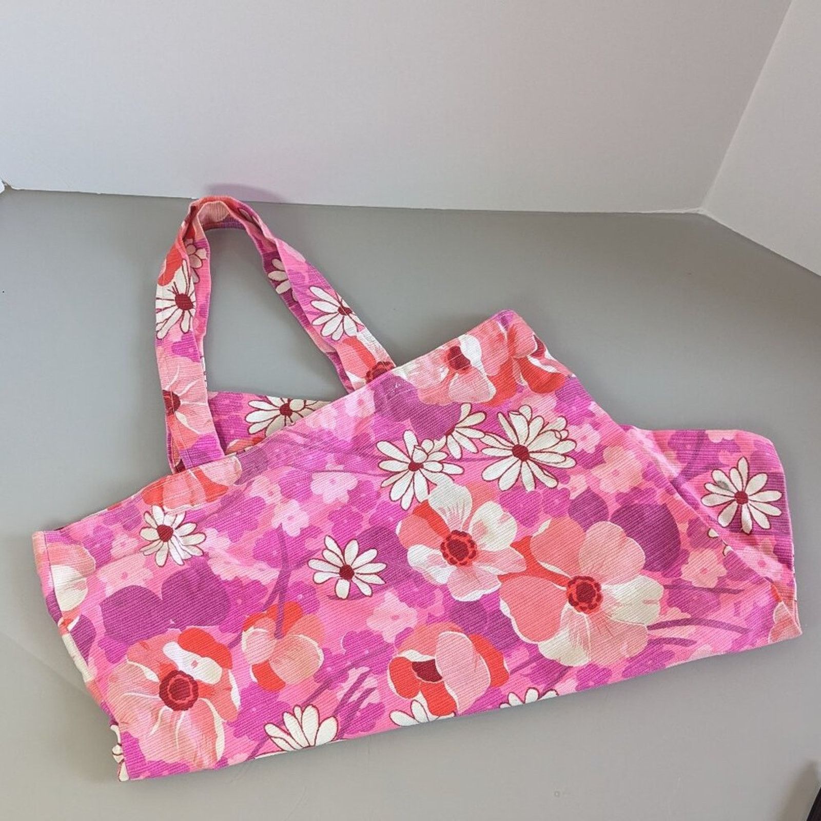 Vintage Bright Pink Floral Poppy Daisy Retro Print Fabric Tote Bag Size ONE SIZE - 3 Thumbnail