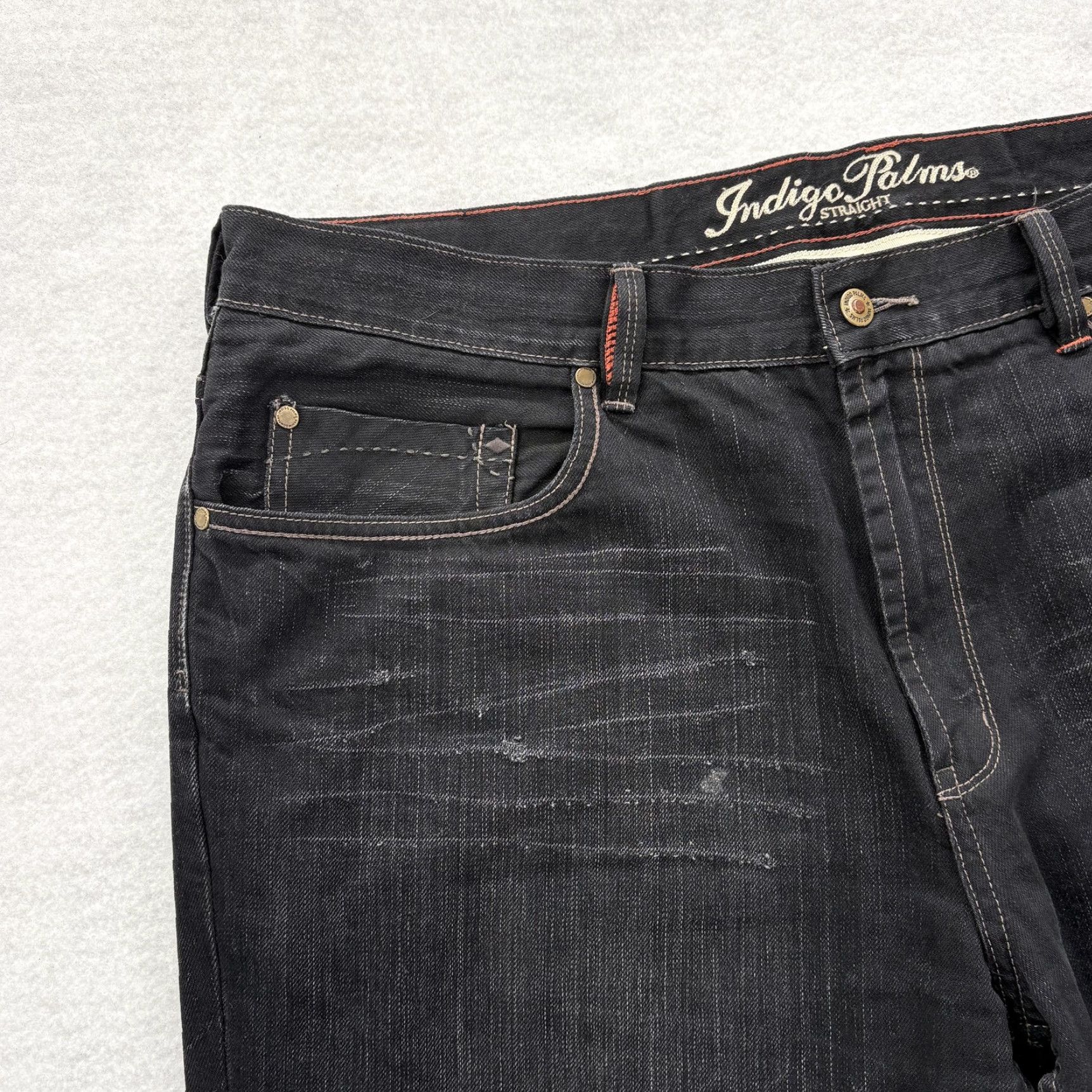 Denime VINTAGE Indigo Palms Jeans Mens 42x32 Black Straight Leg Premium Denim Distressed Wash Size US 42 / EU 58 - 3 Thumbnail