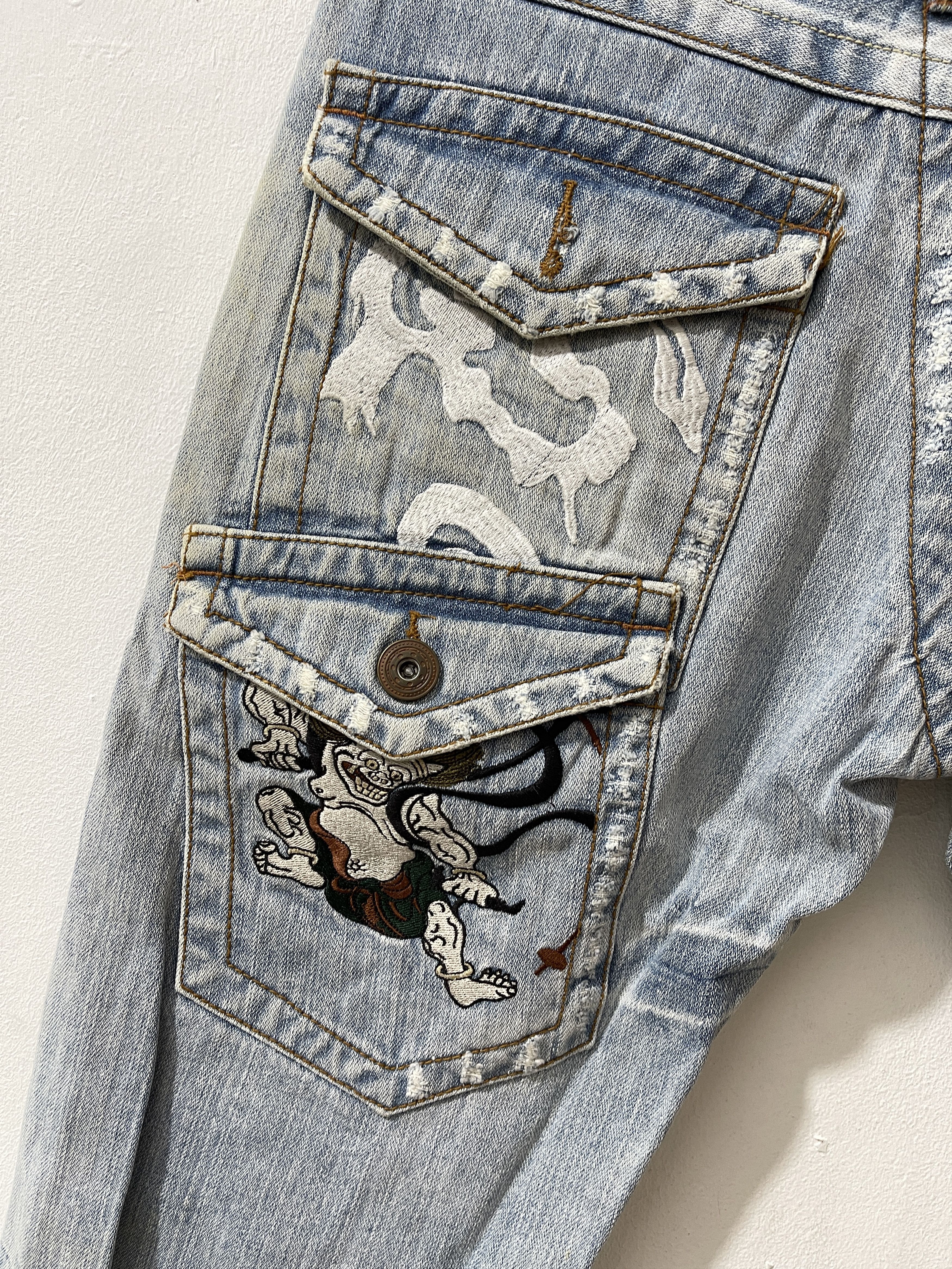 Japanese Brand Unfinished Wagara Neo Japan Fujin & Raijin Art Y2k Shorts Size US 32 / EU 48 - 2 Thumbnail