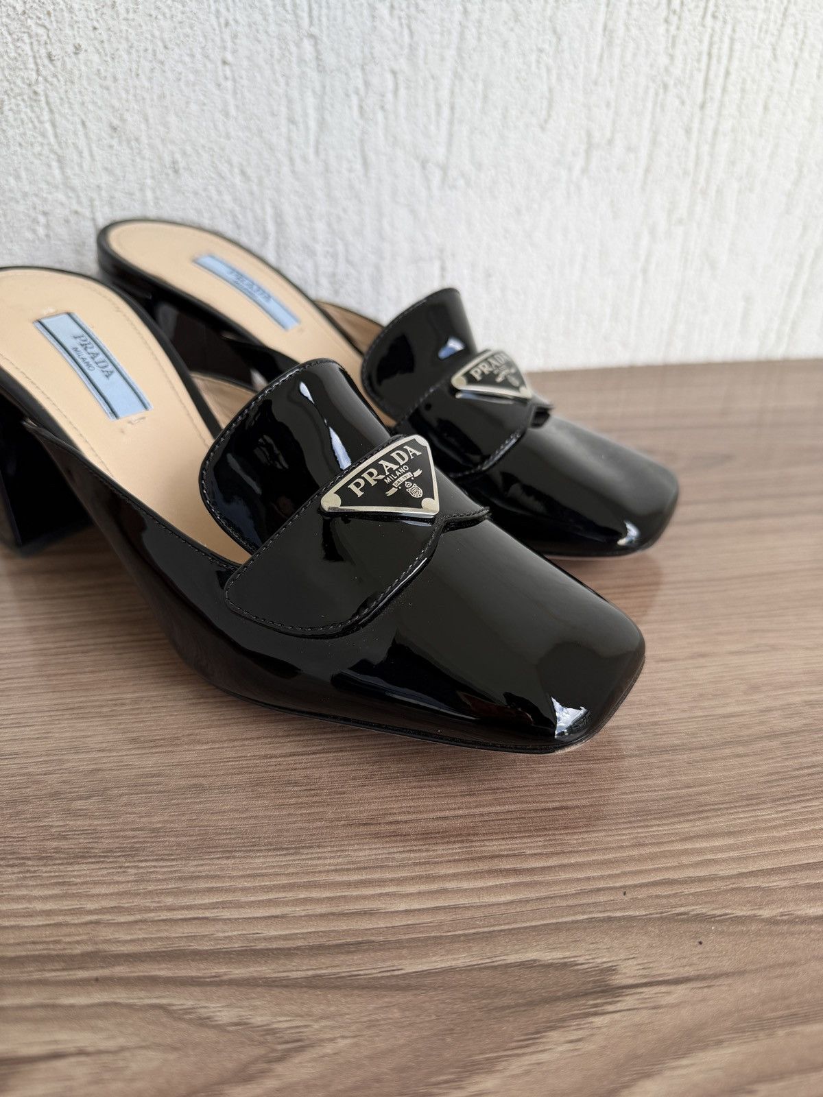 Prada Patent leather triangle logo mules heel Size US 7 / IT 37 - 6 Thumbnail