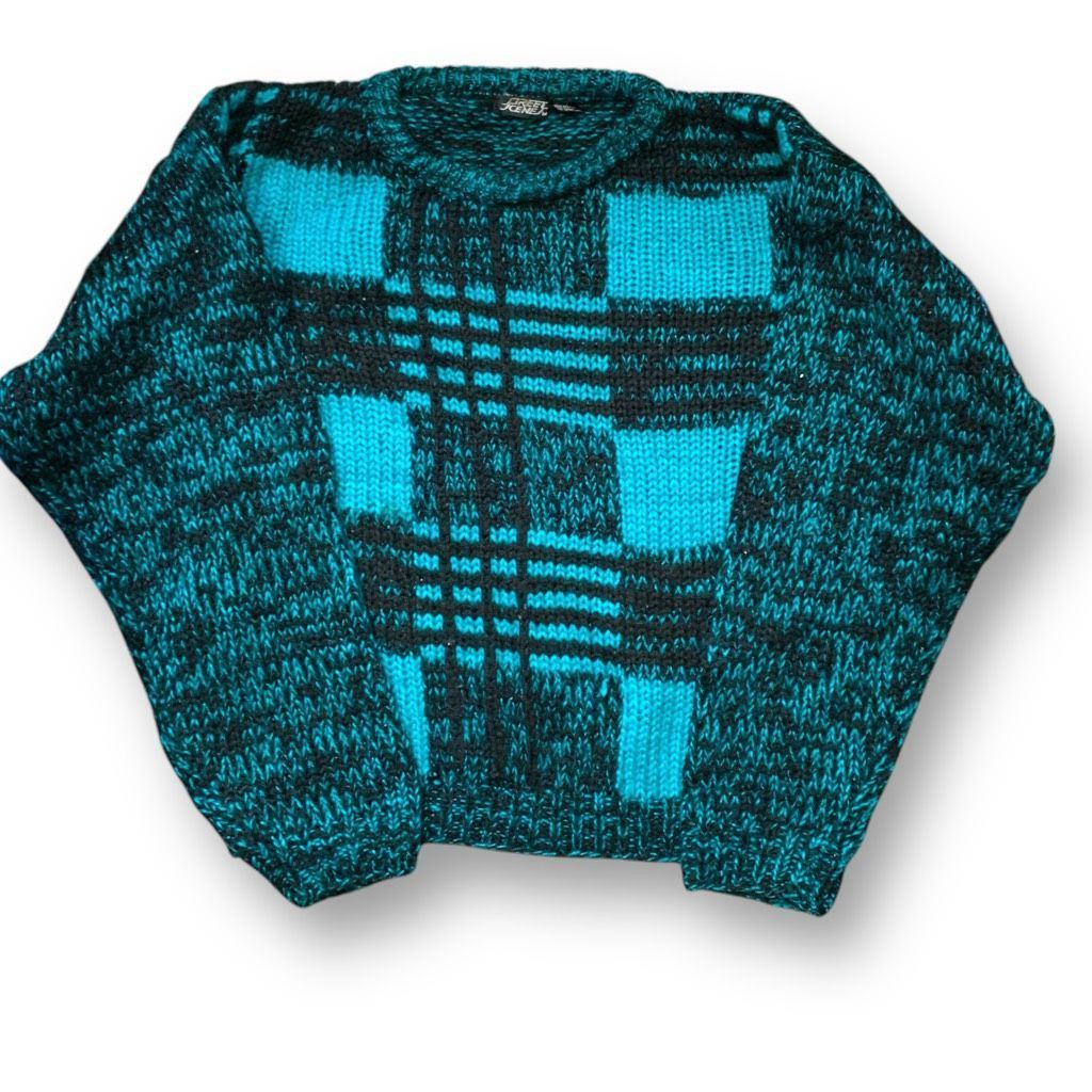 Vintage Vintage Street Scene Teal Black Checkered Plaid Loose Knit Pullover Sweater Size US M / EU 48-50 / 2 - 1 Thumbnail