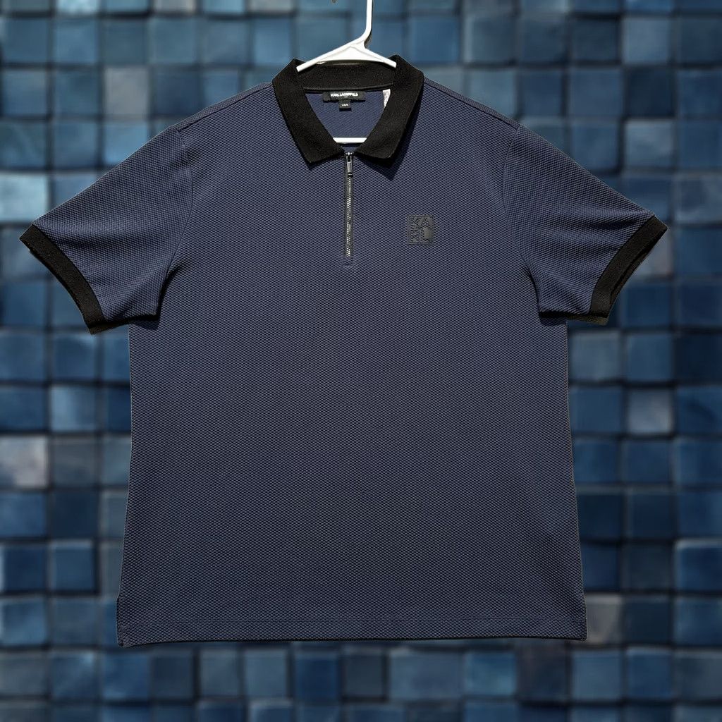 Karl Lagerfeld KARL LAGERFELD PARIS Polo Shirt Mens L Blue Black Solid Cuff Logo 1/4 Zip Casual Short Sleeve Collared Polo Regular Fit Size US L / EU 52-54 / 3 - 1 Thumbnail