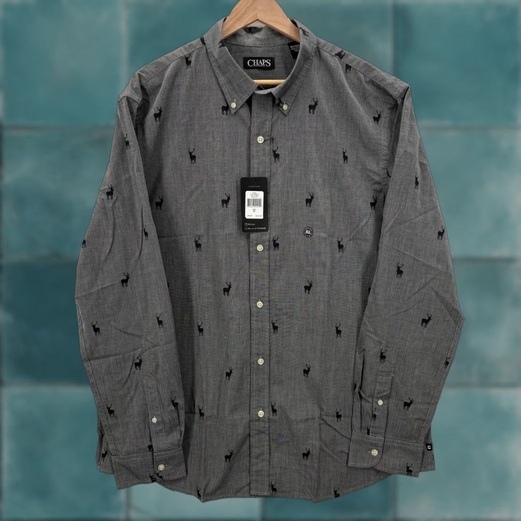 Chaps Chaps Shirt Mens XL Gray Black Deer Print Button-Down Long Sleeve Size US XL / EU 56 / 4 - 1 Thumbnail