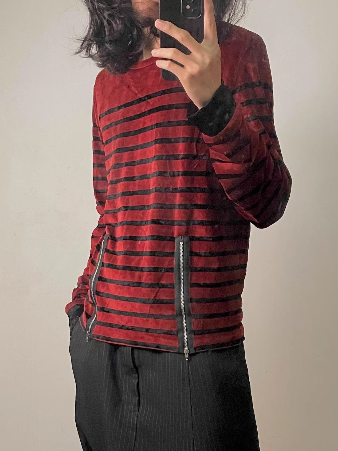 Jean Paul Gaultier JPG Double-Zip Red/Black Striped Velvet Sweatshirt Size US S / EU 44-46 / 1 - 1 Thumbnail