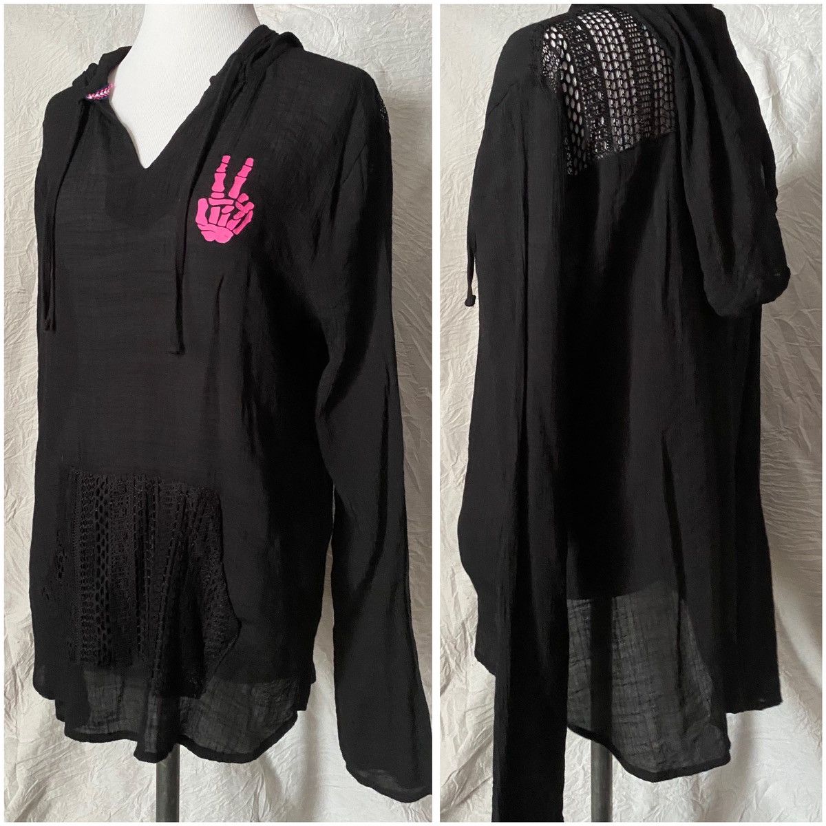 Vintage Retro, Peace Sign Skeleton, Upcycled, Hooded, Cover-Up Tunic Size S / US 4 / IT 40 - 5 Thumbnail