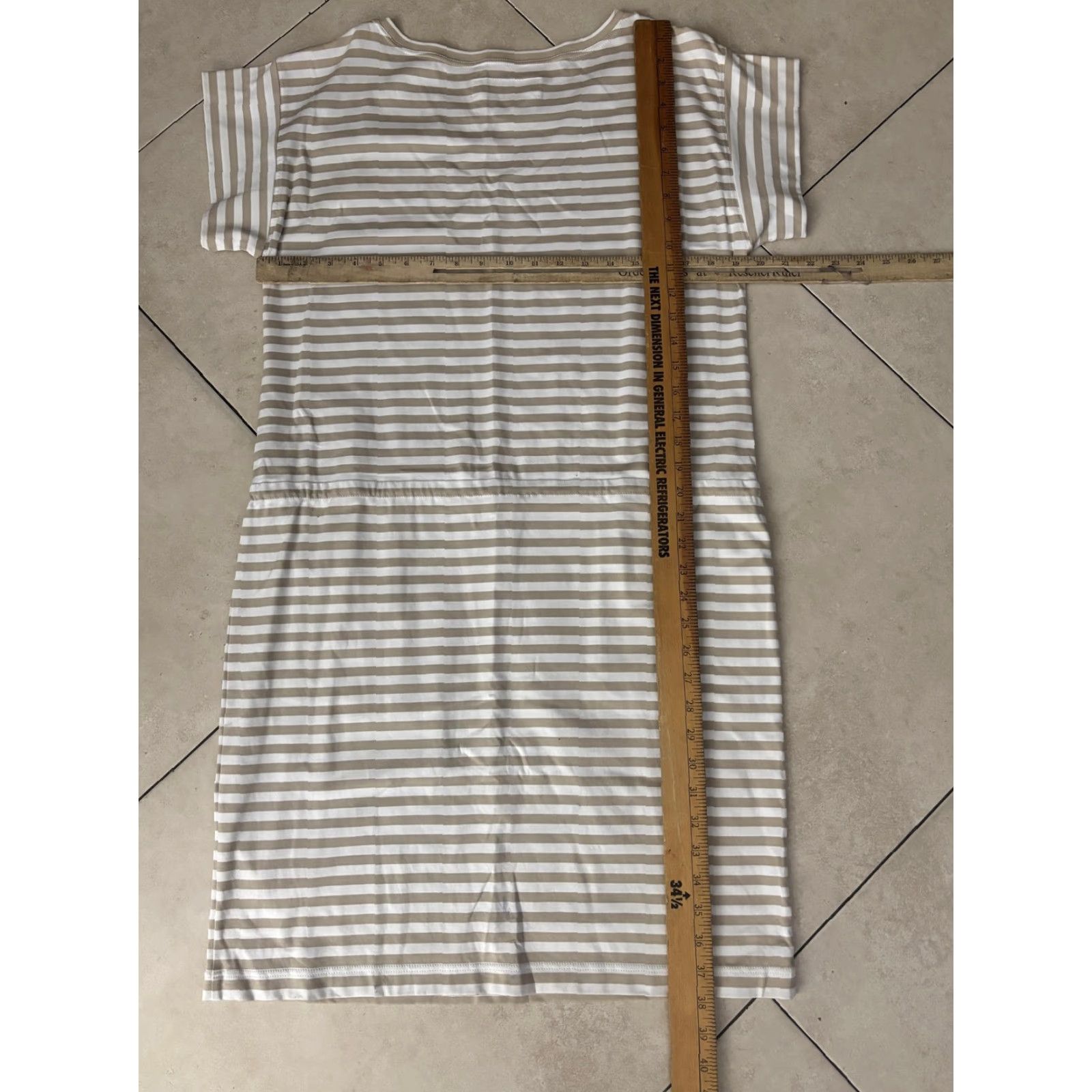 Vintage Lafayette 148 Dress Womens Medium Beige White Stripe Drawstring Pocket Tshirt Dress Size M / US 6-8 / IT 42-44 - 5 Thumbnail