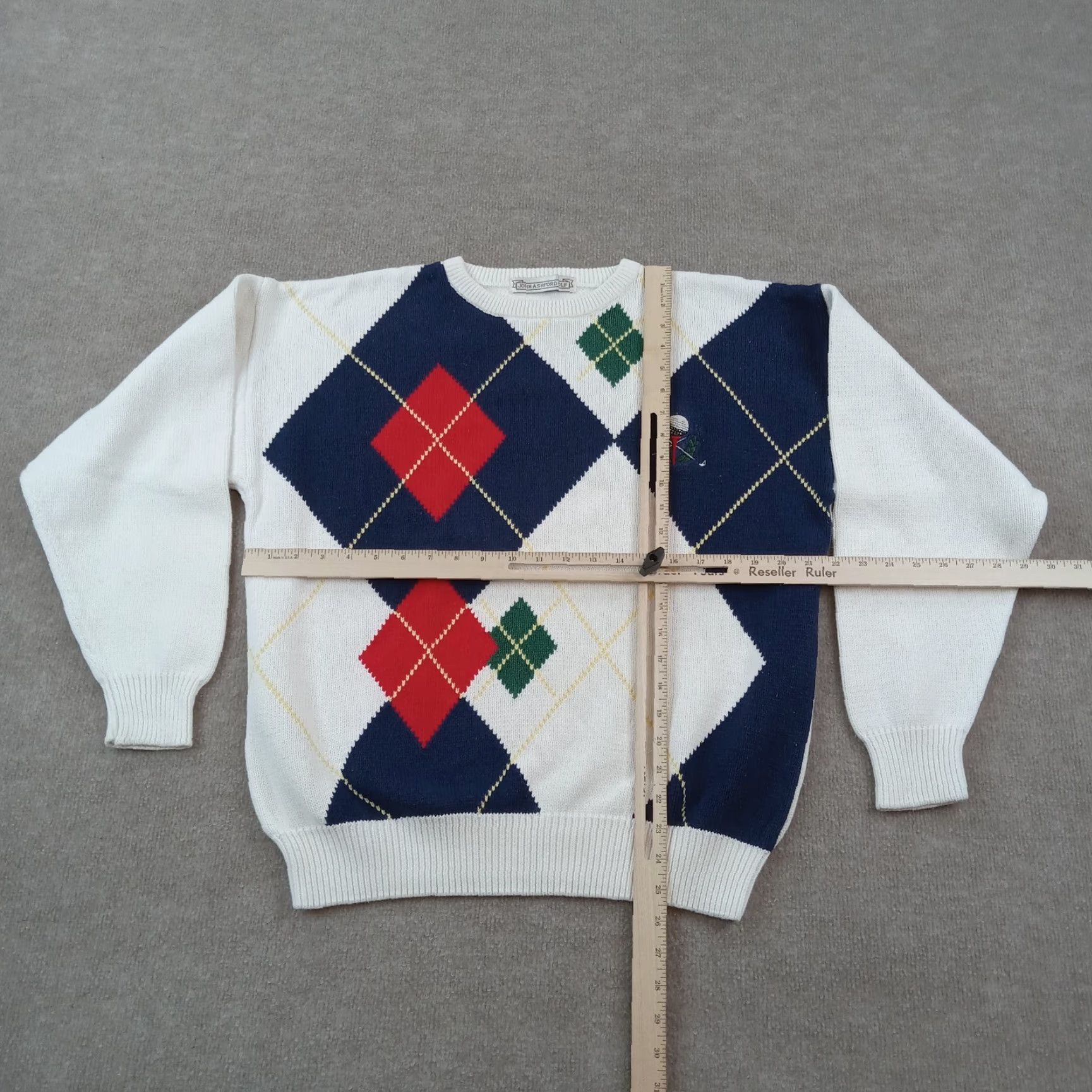Vintage John Ashford Golf Sweater Mens Large White Blue Argyle Crew Neck Pullover Size US L / EU 52-54 / 3 - 2 Thumbnail