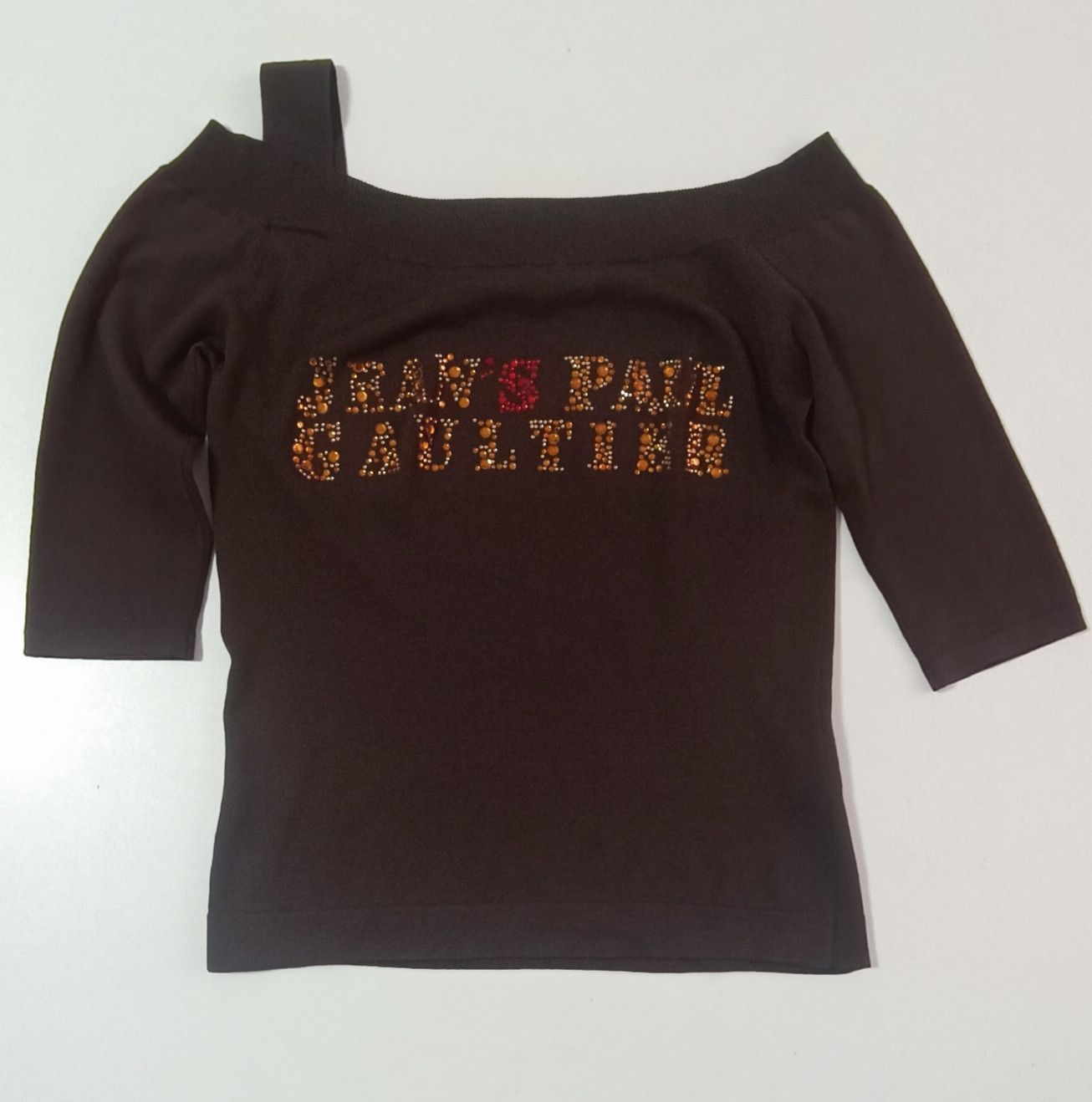 Chocolate brown top with yellow and red rhinestones