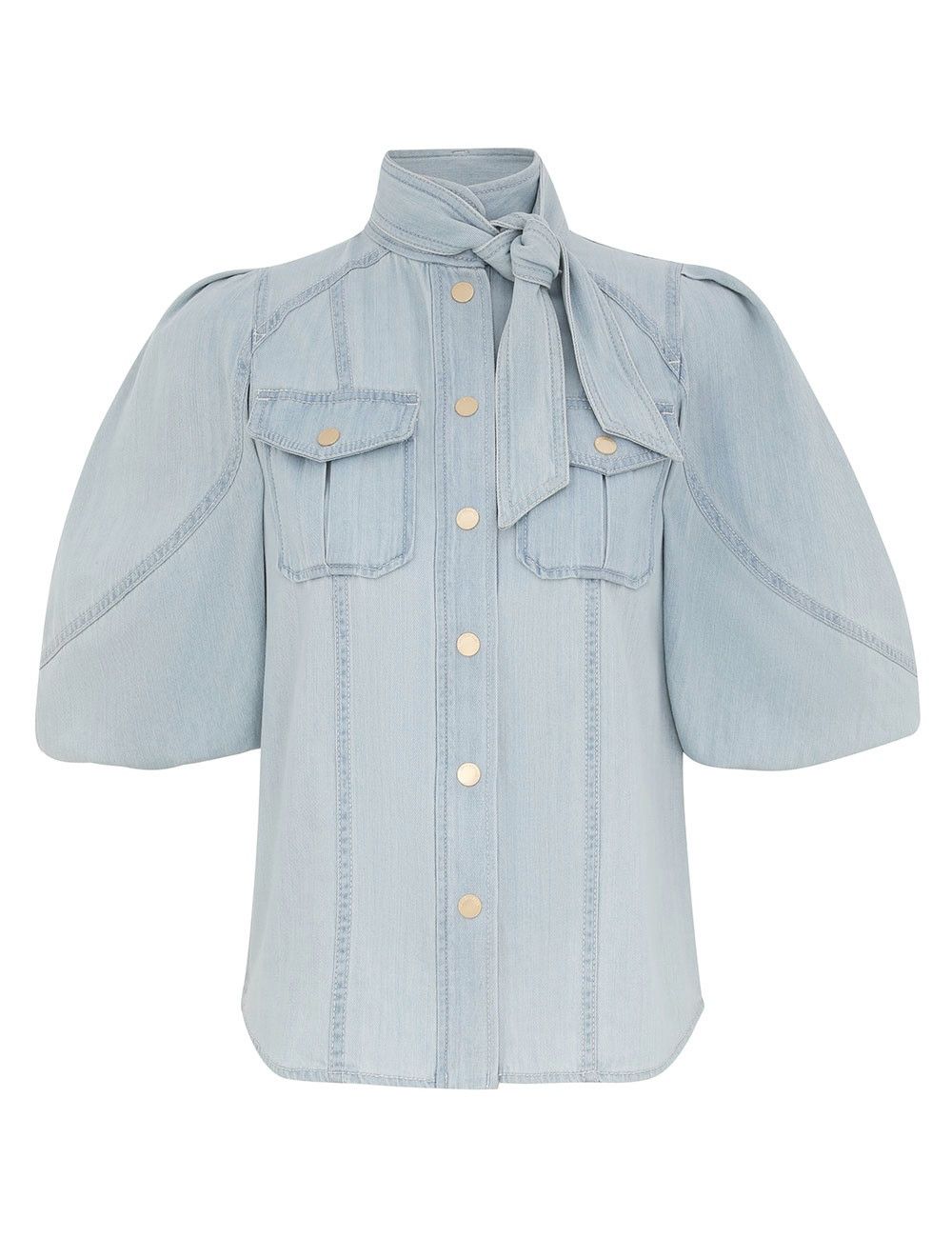 Zimmermann oc11z1025 Acacia Denim Lantern Blouse in Ice Blue Size L / US 10 / IT 46 - 1 Thumbnail