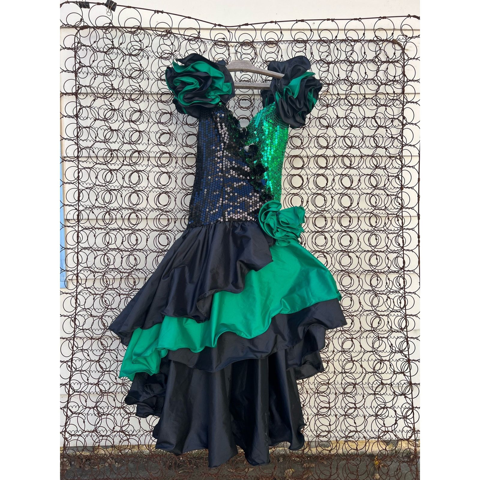 image of Vintage 80's Green Black Sequin Ruffle Prom Ball Gown Mardi Gras, Women's (Size XS)