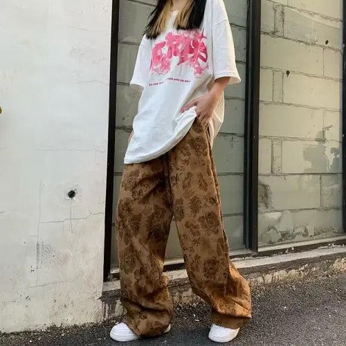 Khaki Vintage Flowers Casual Pants