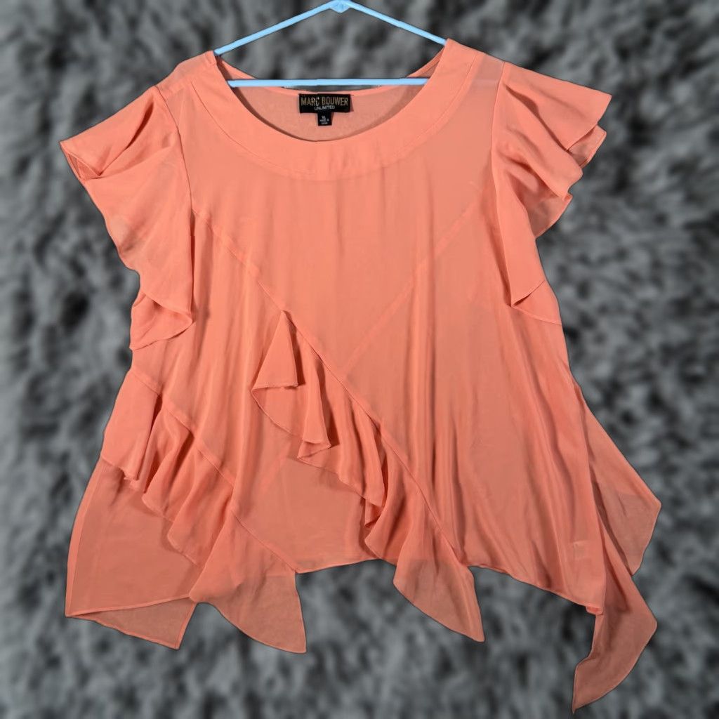Vintage Marc Bouwer Blouse XL Peach Flutter Sleeve Scoop Neck Ruffle Fairycore Boho Dressy Casual Women Mens? Size XL / US 12-14 / IT 48-50 - 1 Thumbnail