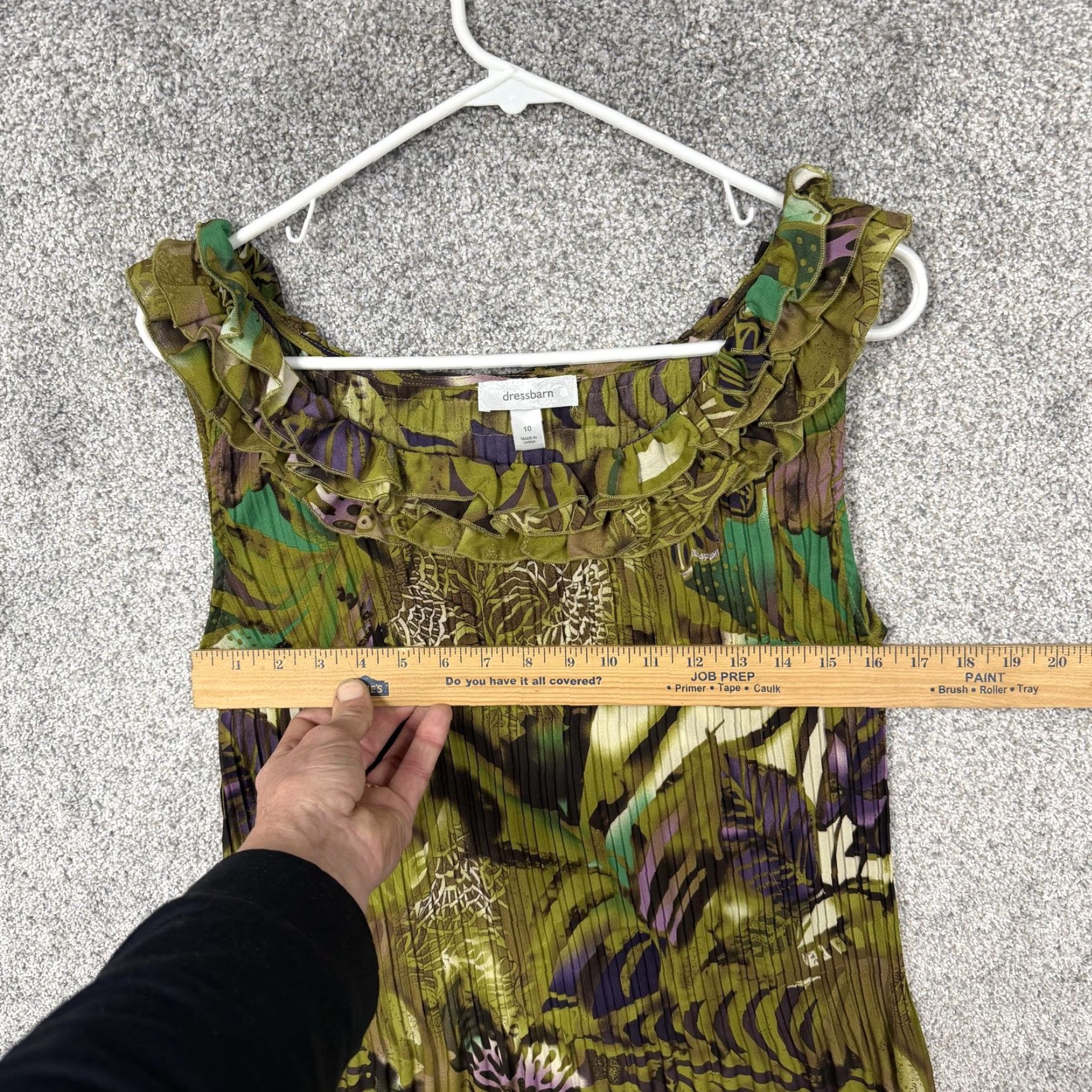Vintage Dressbarn Dress 10 Green Tropical Floral Ruffled Pleated Earthy Lagenlook Size L / US 10 / IT 46 - 2 Thumbnail