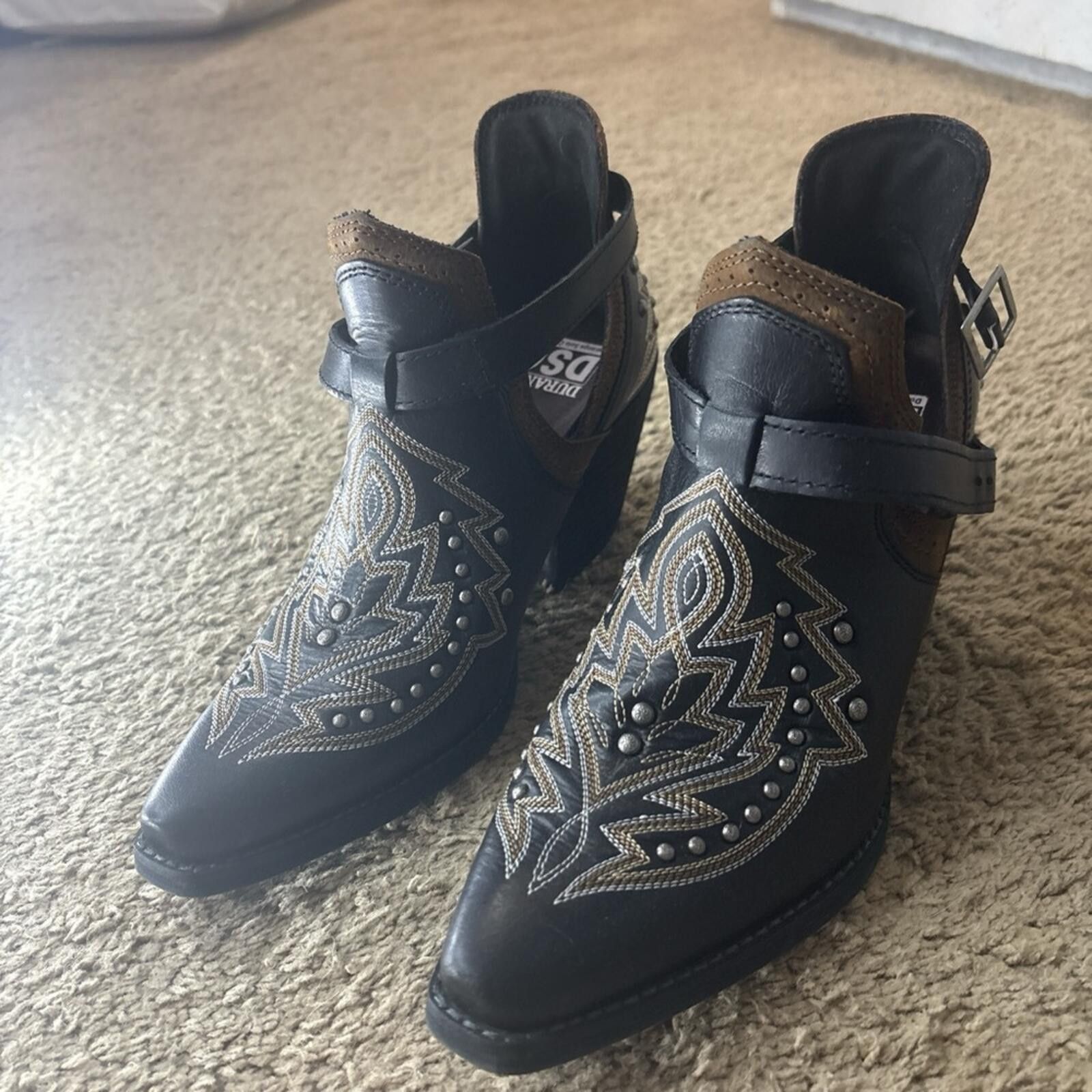 Durango Durango Black and Brown Studded Western Ankle Boots Size US 8 / IT 38 - 1 Thumbnail