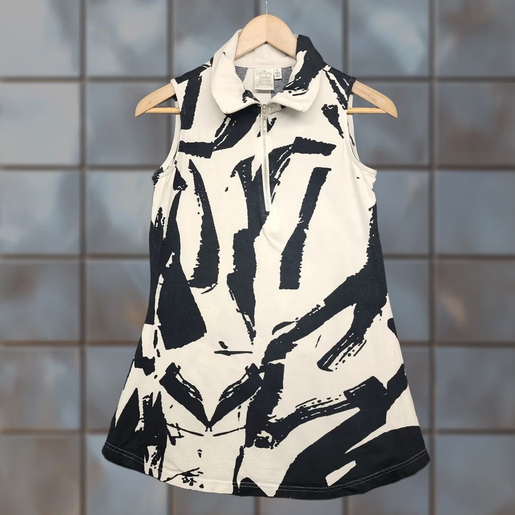 Vintage Parsley & Sage Womens Small Black Cream Tunic Sleeveless 1/4 Zip Stretch Shirt Top Casual Abstract Print Size S / US 4 / IT 40 - 1 Thumbnail