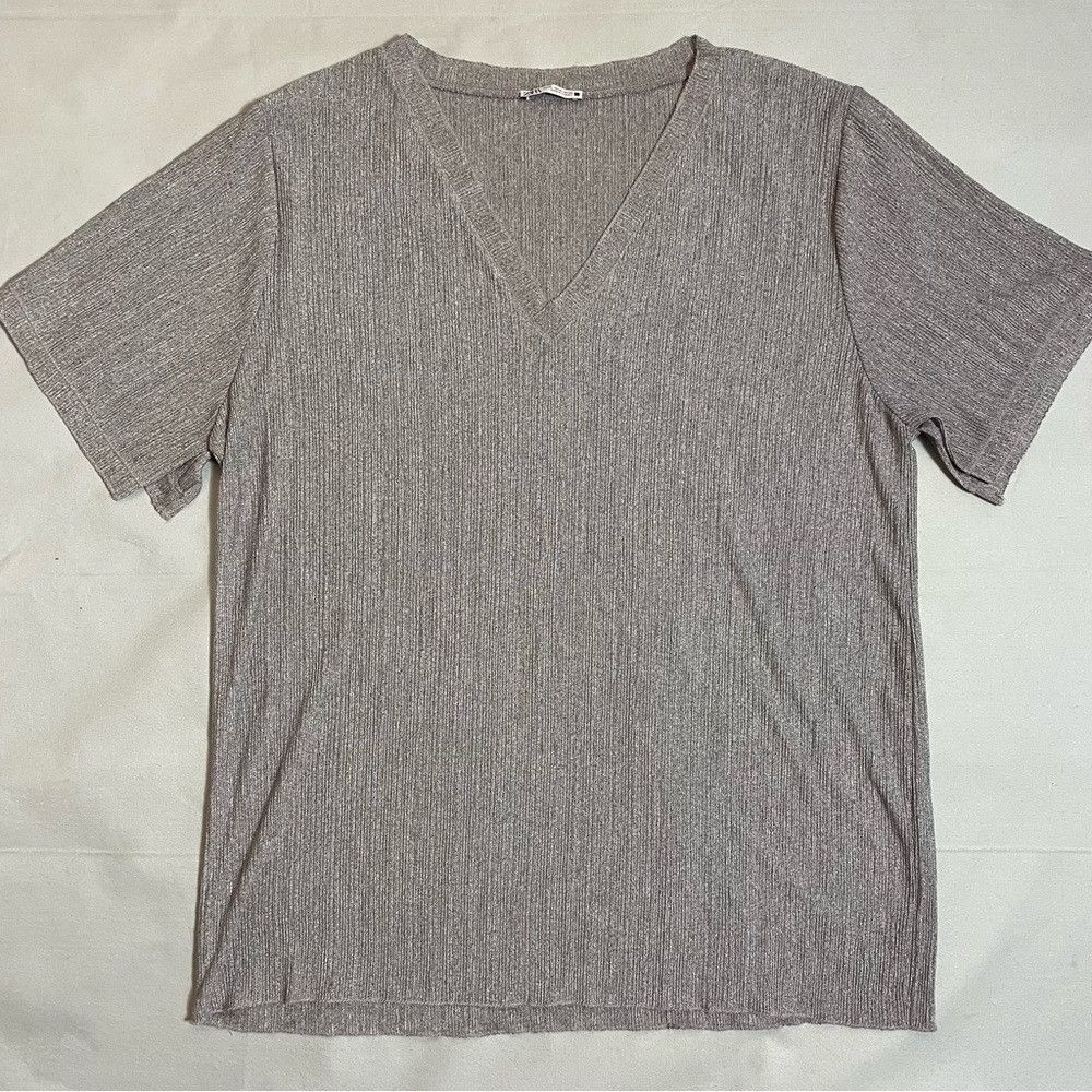 Zara Zara V-neck Ribbed Knit Short Sleeve Grey Tunic Size XL Size XL / US 12-14 / IT 48-50 - 6 Thumbnail