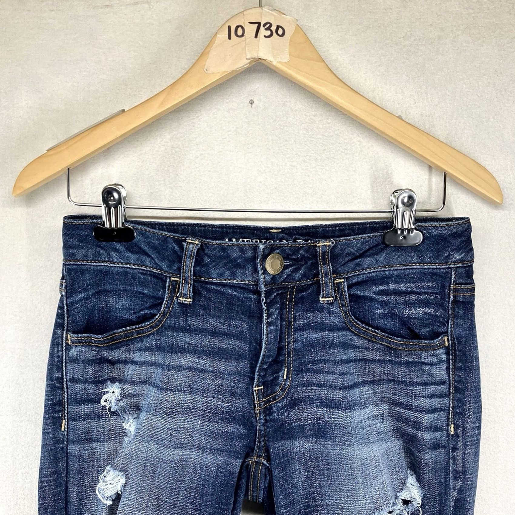 American Eagle Outfitters American Eagle Jeans Women's 6 Reg Blue Distressed Jegging Stretch Indigo Wash Slim Pockets Zip Denim 90s Retro Rock Velours? Size 28" / US 6 / IT 42 - 6 Thumbnail