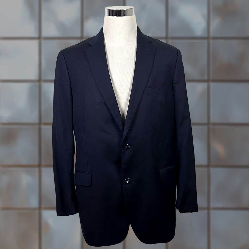 Doublet J. Hilburn Sport Coat 44L Navy Blue Herringbone 100% Wool Two Button Double Vents Long Regular Mens Jacket Size US XS / EU 42 / 0 - 1 Thumbnail