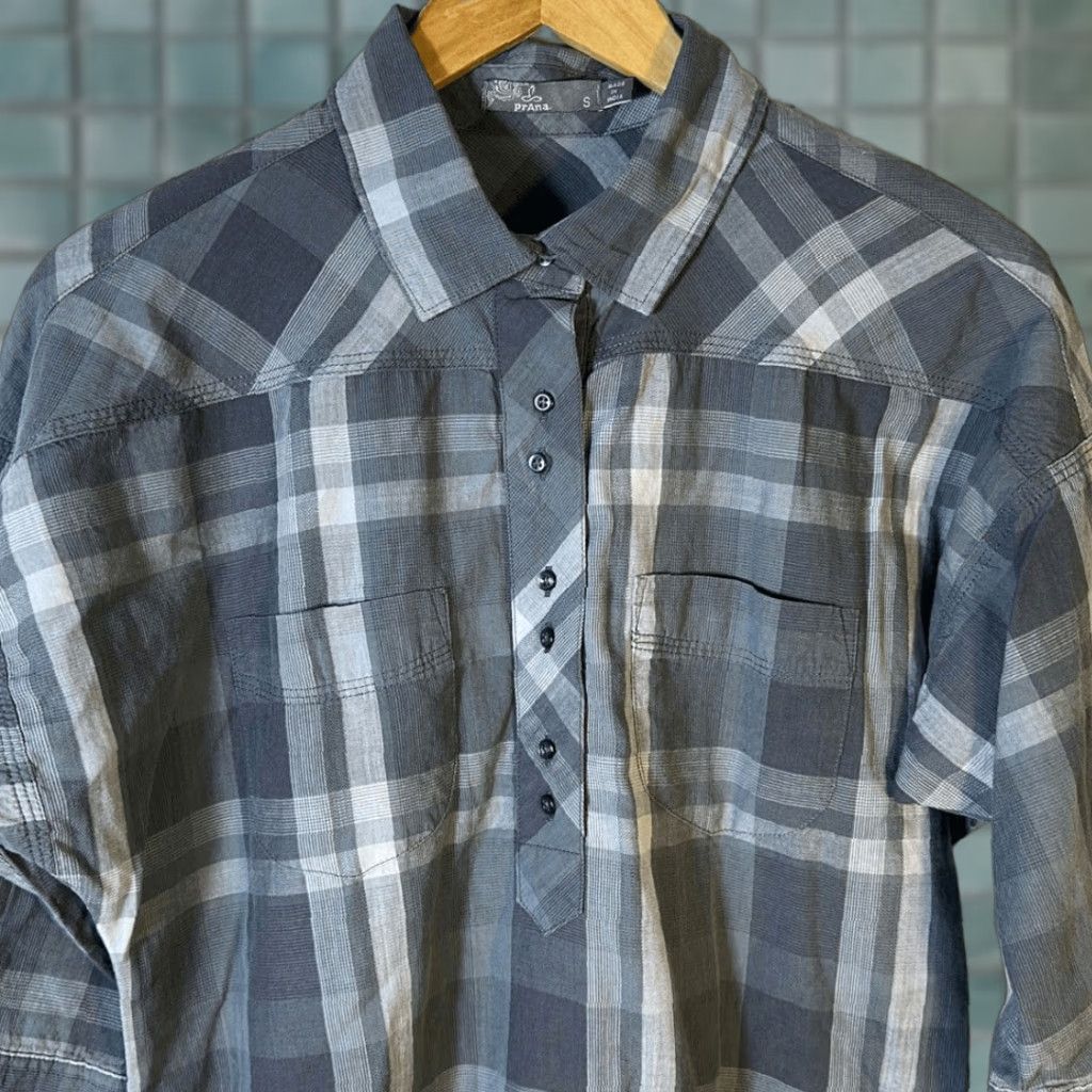 Prana prAna Deryn Dress Shirt Dress Gray Plaid Pockets Roll Tab Sleeve Size S Womens Midi Short Sleeve Shirtdress Size S / US 4 / IT 40 - 1 Thumbnail