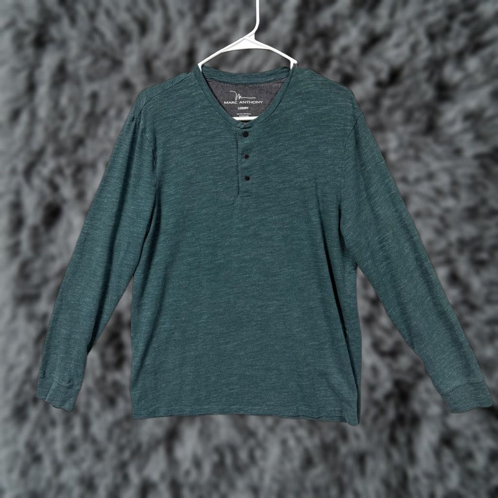 Vintage Marc Anthony Luxury Shirt Mens L Green Henley Long Sleeve Solid Jersey 60/40 Cotton Polyester With Button 4-Front Placket Vintage? No Size US L / EU 52-54 / 3 - 1 Thumbnail