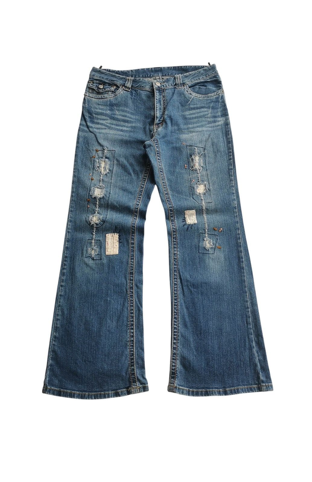 Japanese Brand Playchess Patchwork Flared Jeans Like If Six Was Nine Size US 32 / EU 48 - 3 Thumbnail