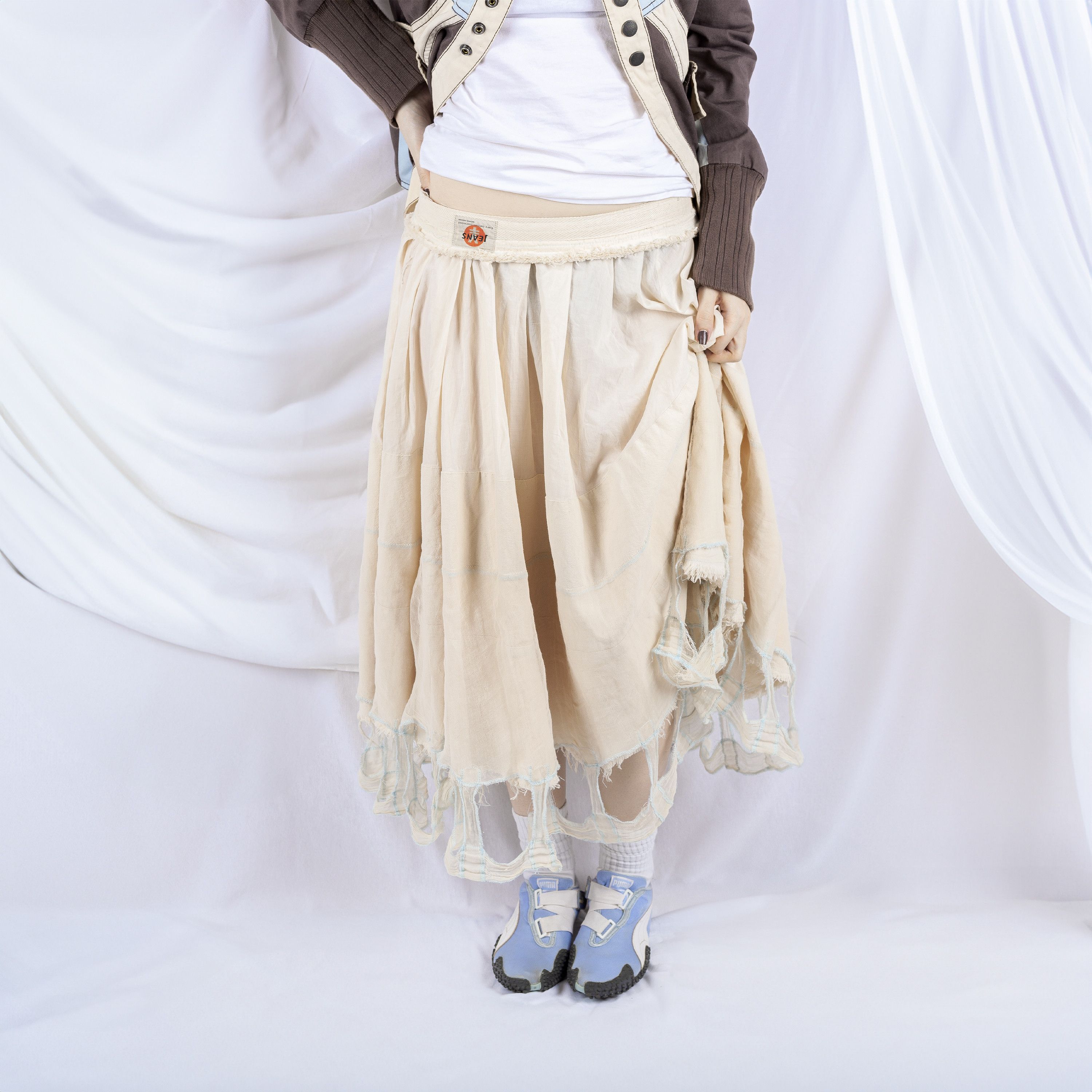 image of Michiko Koshino Beige Distressed Layer Skirt, Women's (Size 27)
