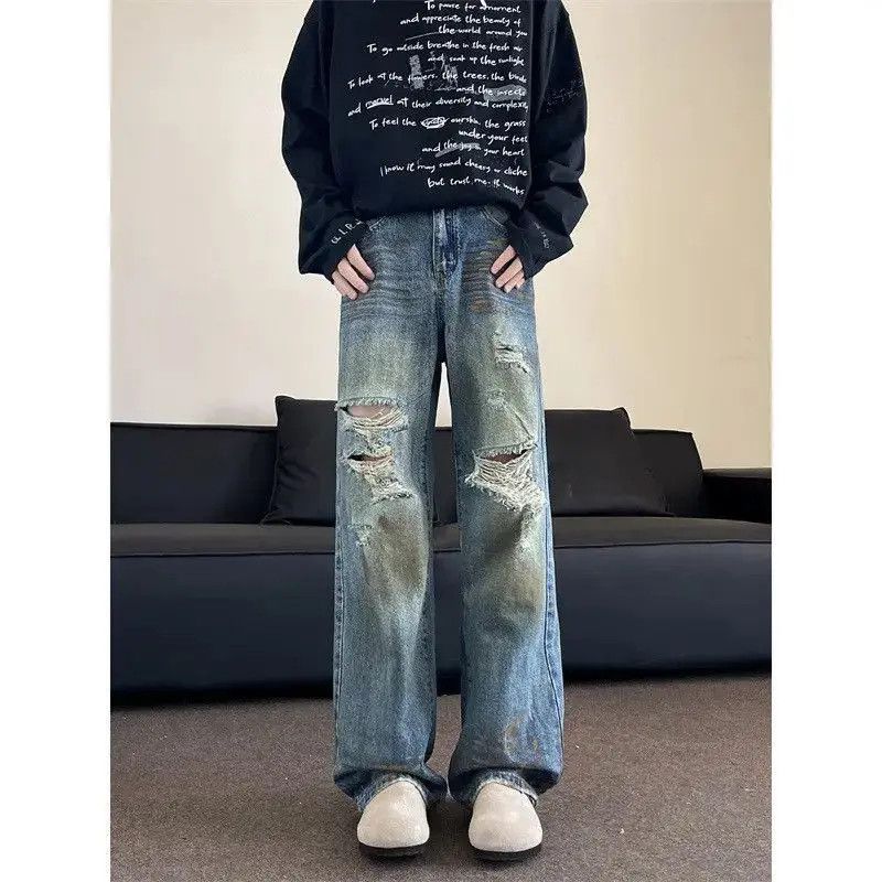 Japanese Brand Retro loose wide leg dirty dyed ripped jeans Size US 32 / EU 48 - 6 Thumbnail