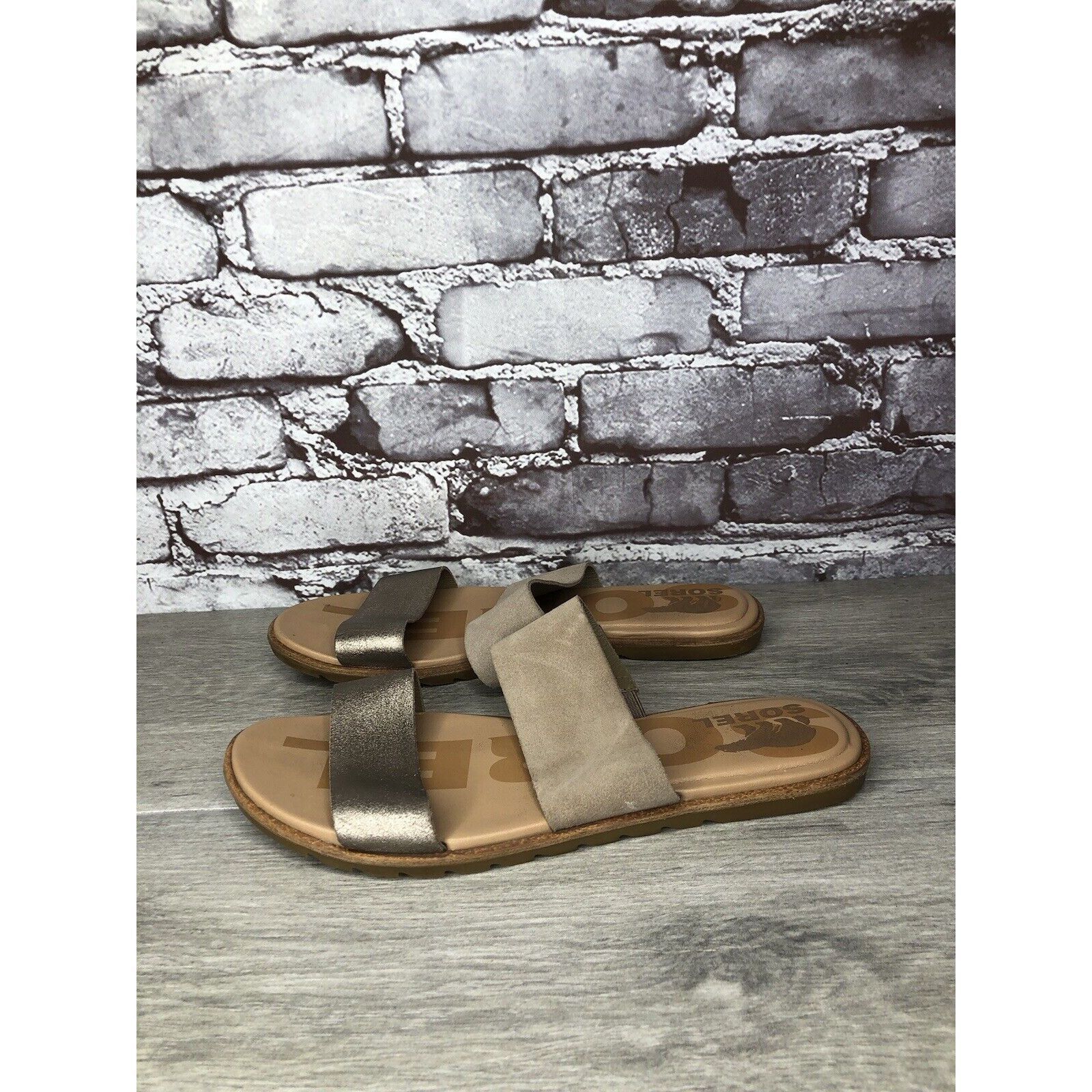SOREL Sorel Taupe Suede Gold Leather Slides Sandals Women Sz 8.5M Size US 8.5 / IT 38.5 - 1 Thumbnail