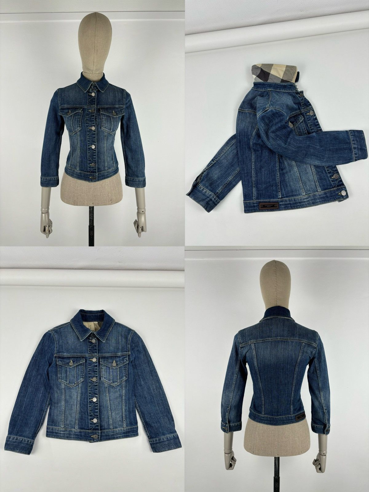 Burberry BRIT Nova Check Trim Denim Blue Trucker Buttons Jacket Jean Crop Bomber Size S / US 4 / IT 40 - 1 Thumbnail