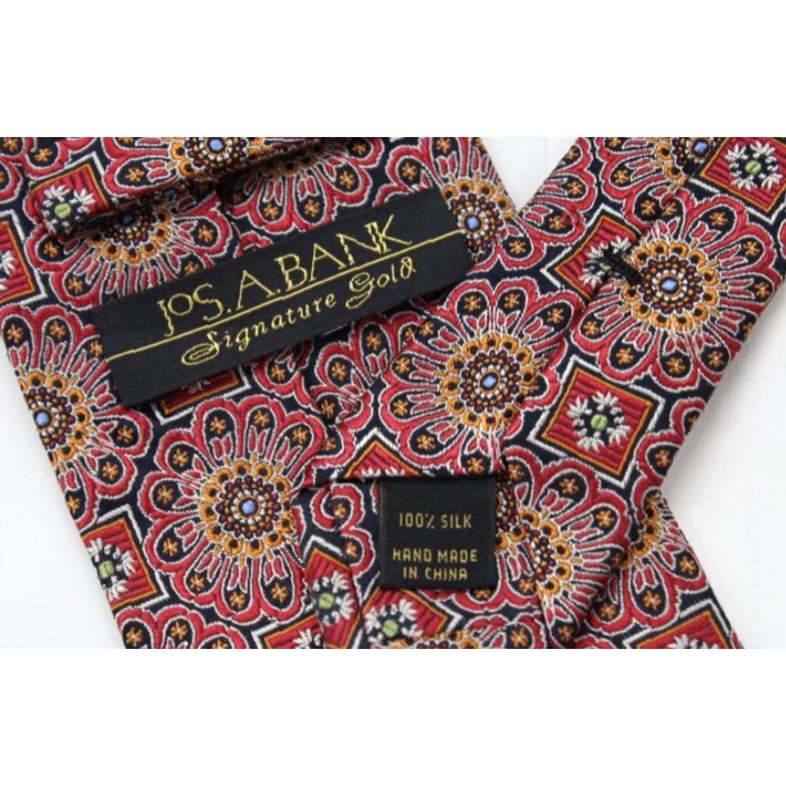 Jos. A. Bank Jos A Bank Signature Necktie Red 100% Silk Men’s Tie Geometric Floral Classic 57"-60" Size ONE SIZE - 5 Thumbnail
