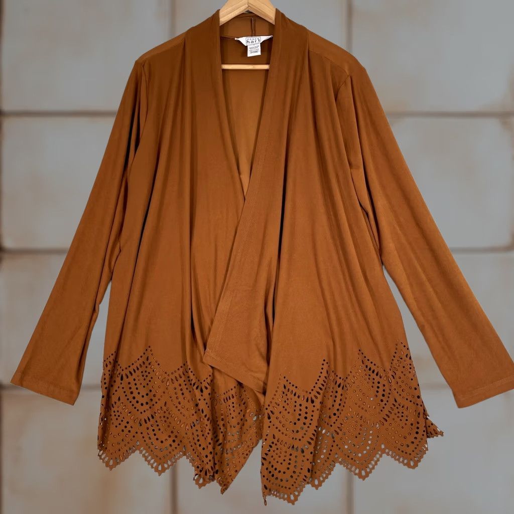 Vintage Keren Hart Cardigan Womens Medium Brown Laser Cut Scallop Hem Open Front Boho Size M / US 6-8 / IT 42-44 - 1 Thumbnail