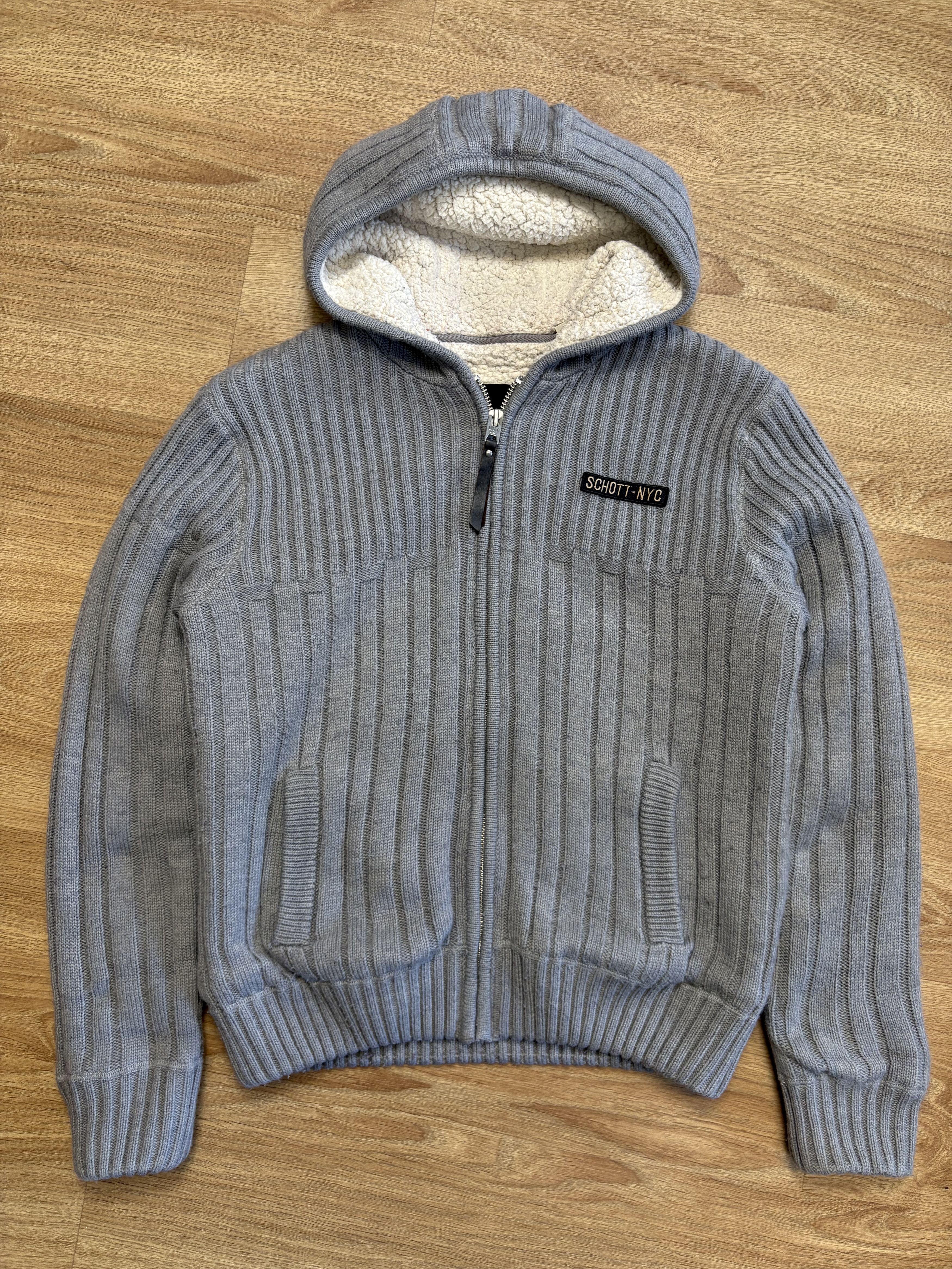 Schott Schott NYC 90s Sherpa Lined Grey Knit Hoodie (M) Size US M / EU 48-50 / 2 - 1 Thumbnail