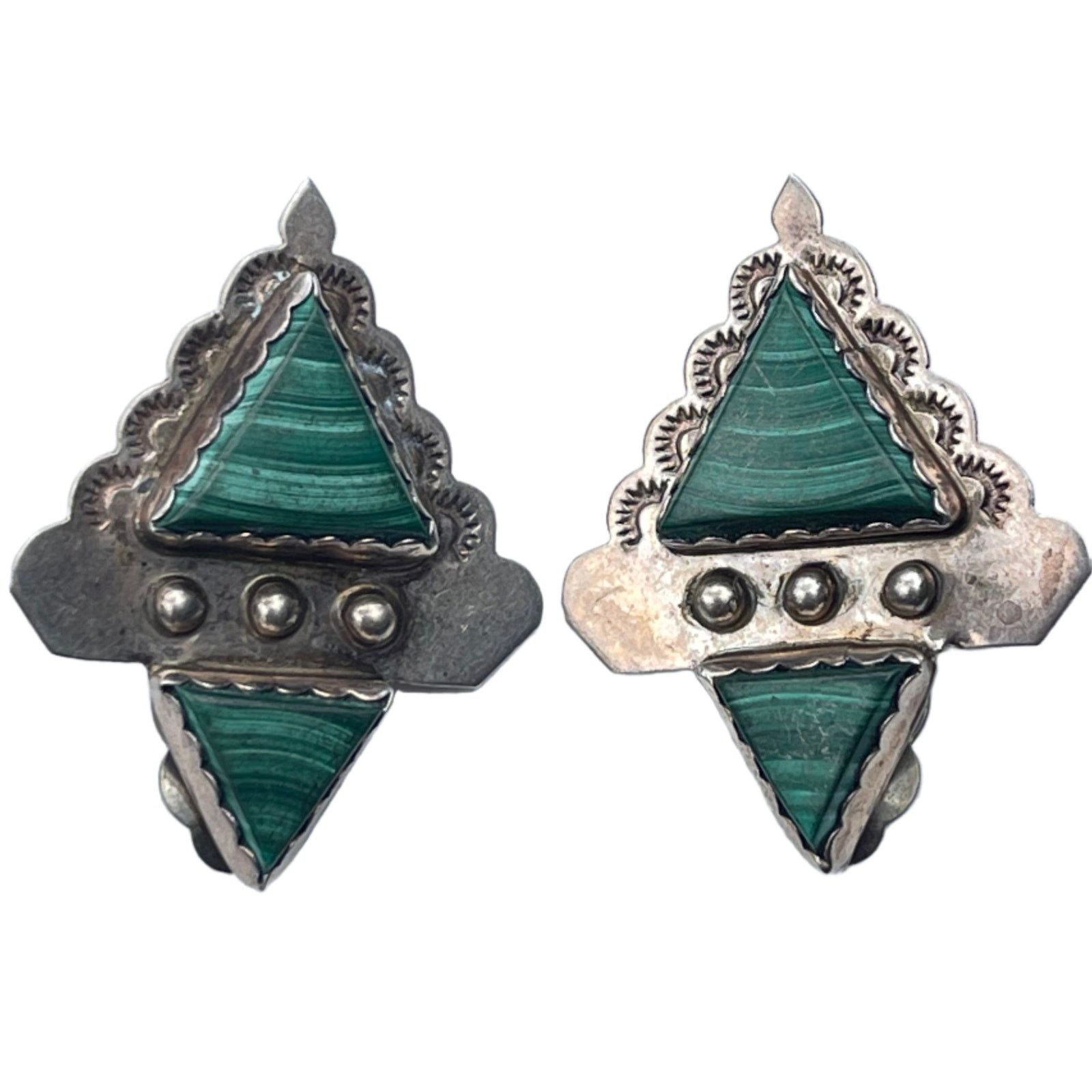 Vintage Navajo Sterling Silver Malachite Earrings - Native American Size ONE SIZE - 1 Thumbnail