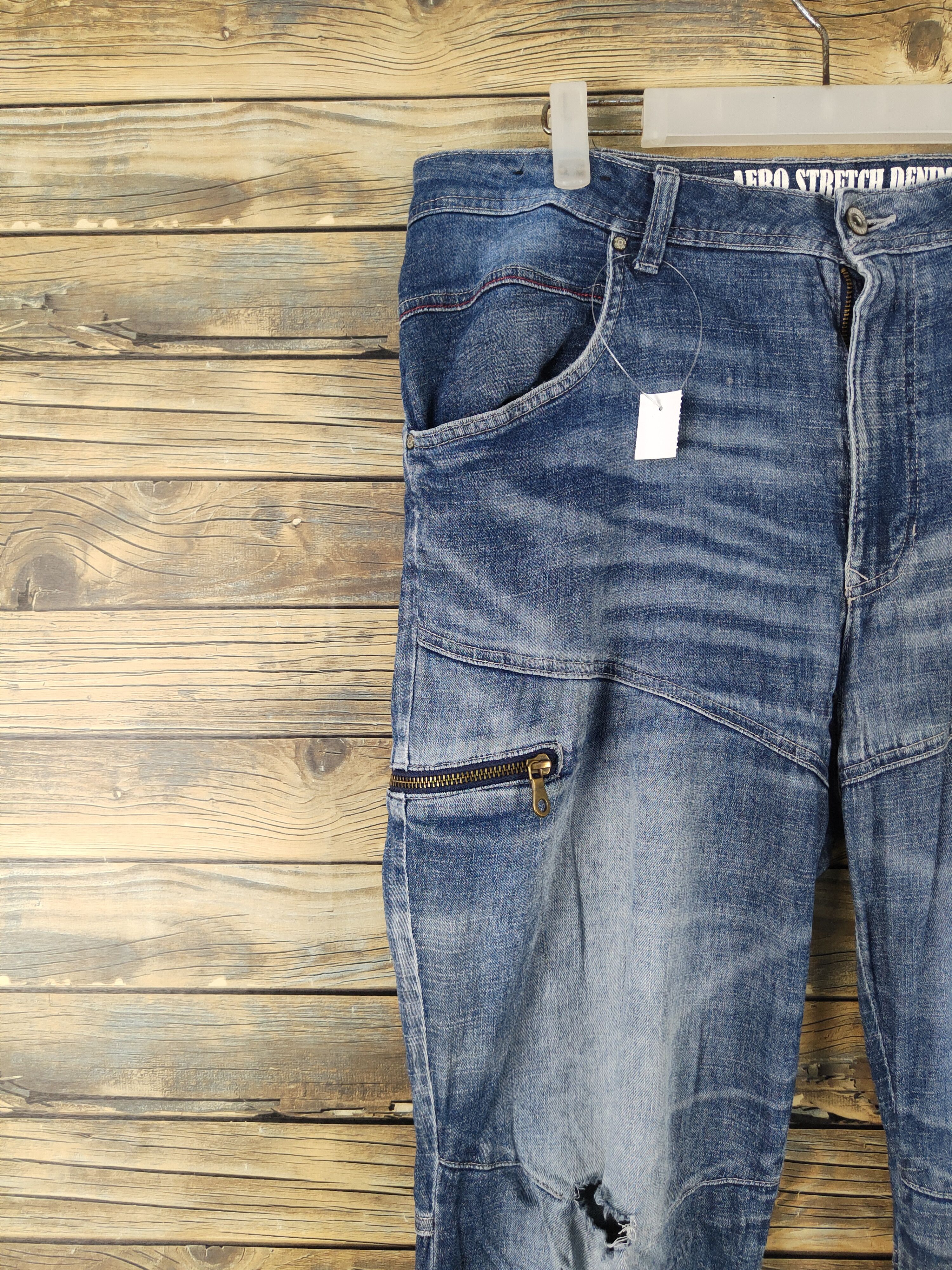 Japanese Brand FieldCore Dark Blue Distressed Ripped cargo Jeans #W1962 Size US 36 / EU 52 - 3 Thumbnail