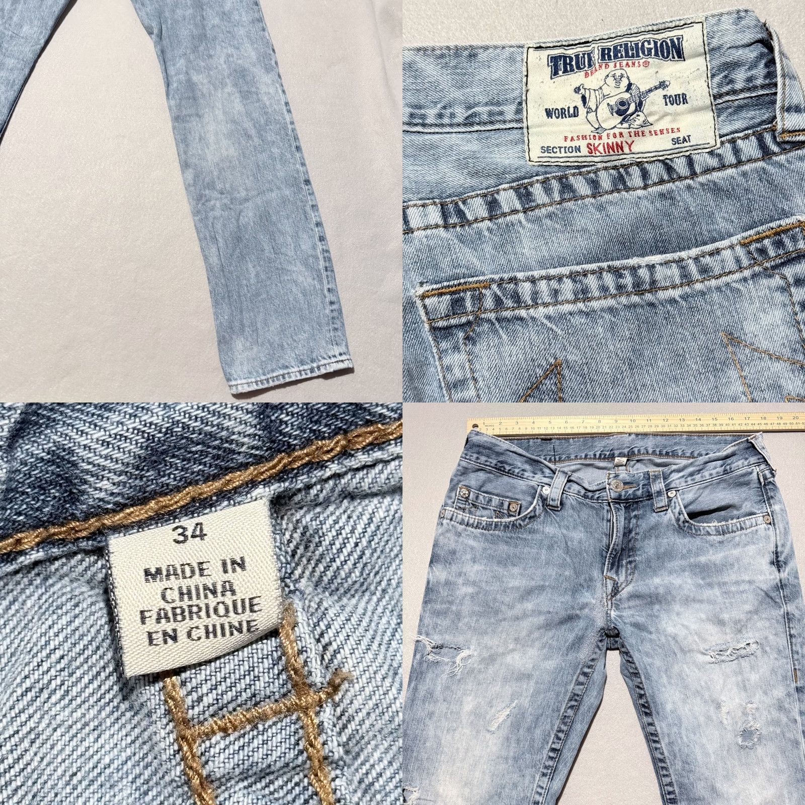 True Religion True Religion Jeans Men's Blue Distressed Skinny Low Rise Zip Fly - 34x32 Denim Jeans Size US 34 / EU 50 - 8 Thumbnail