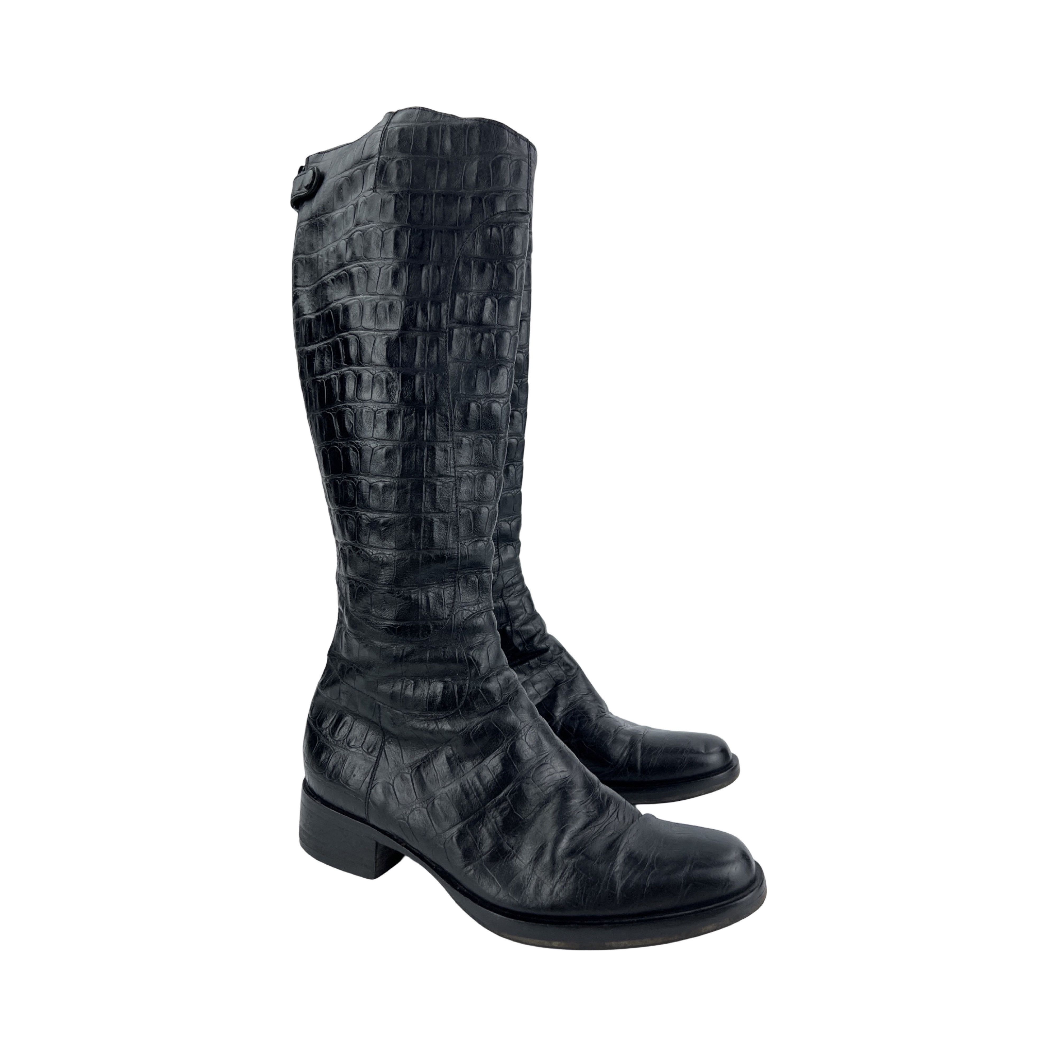 Max Mara Vintage Max Mara Crocodile Pattern Black Leather High Boots Size US 9 / IT 39 - 1 Thumbnail