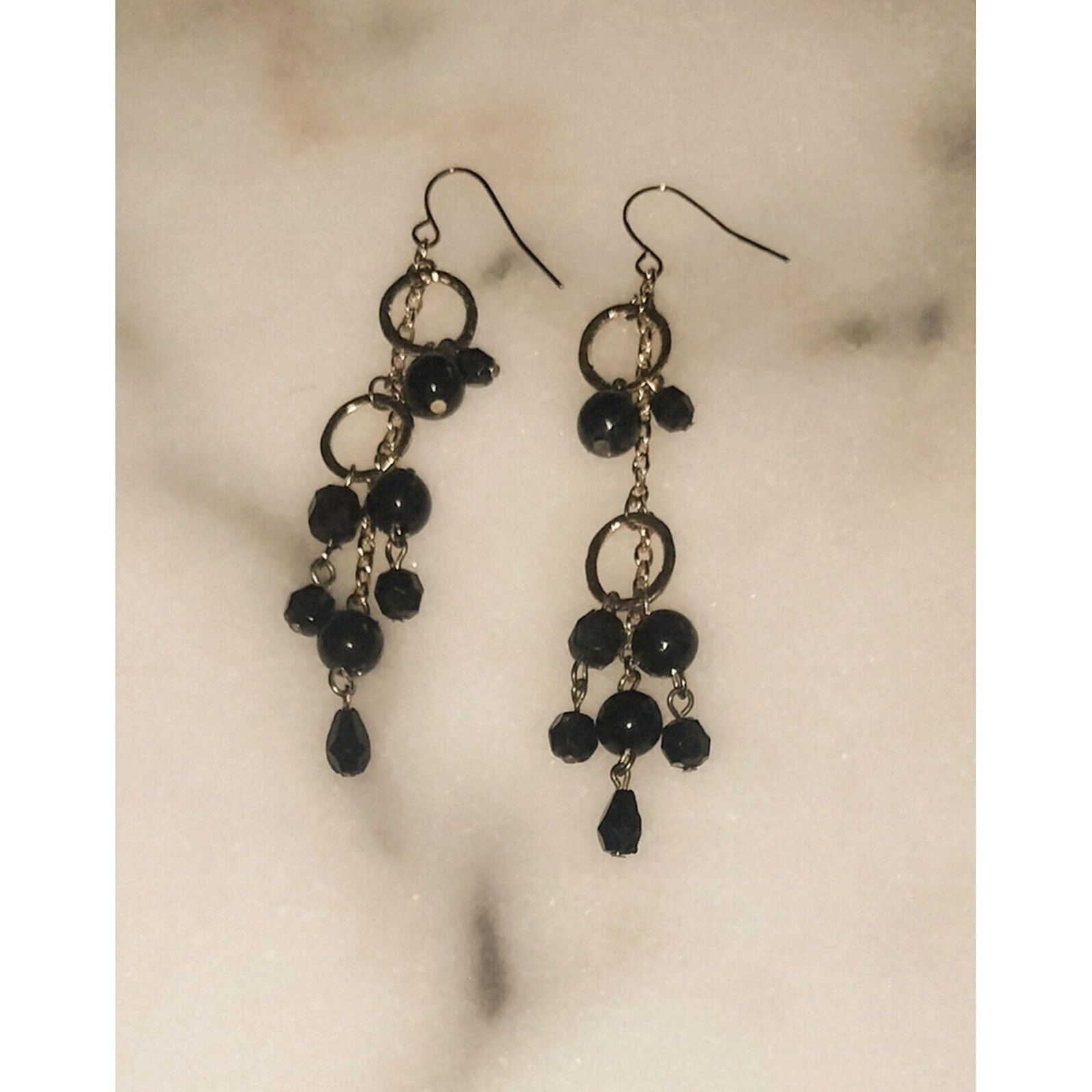 Vintage Black Glass Beaded Earrings Fashion Jewelry Gold Tone Drop D Size ONE SIZE - 2 Thumbnail