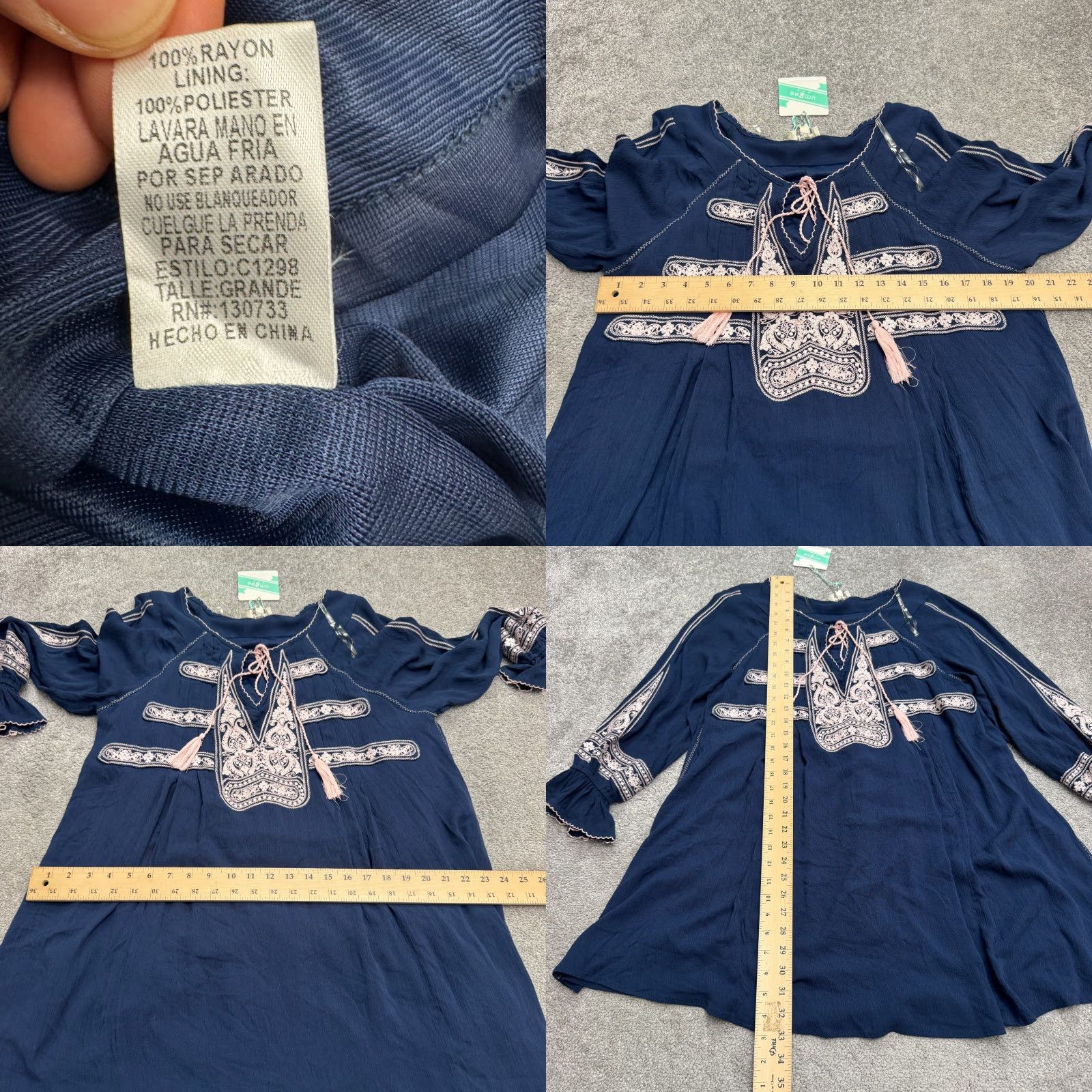 Bell UMGEE Dress Womens Large Blue Floral Bell Sleeve Mini Boho Embroidered V-Neck Sundress Casual Short Summer Size L / US 10 / IT 46 - 8 Thumbnail