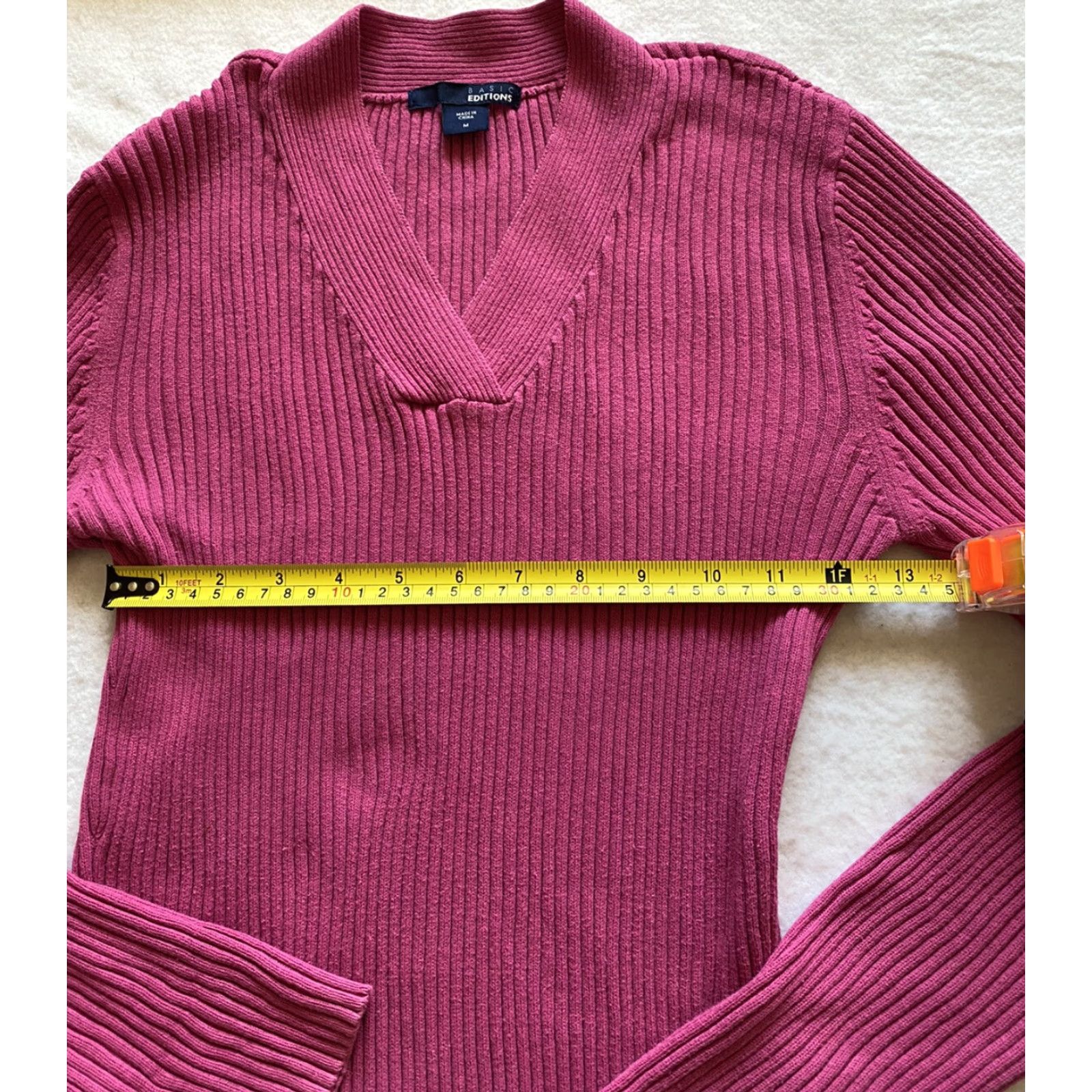 Basic Editions Basic Editions Sweater Women's Medium Magenta V-Neck Ribbed Knit Slim Pullover Long Sleeve Holiday Autumn/Winter Party/Cocktail Shirt? Size M / US 6-8 / IT 42-44 - 6 Thumbnail