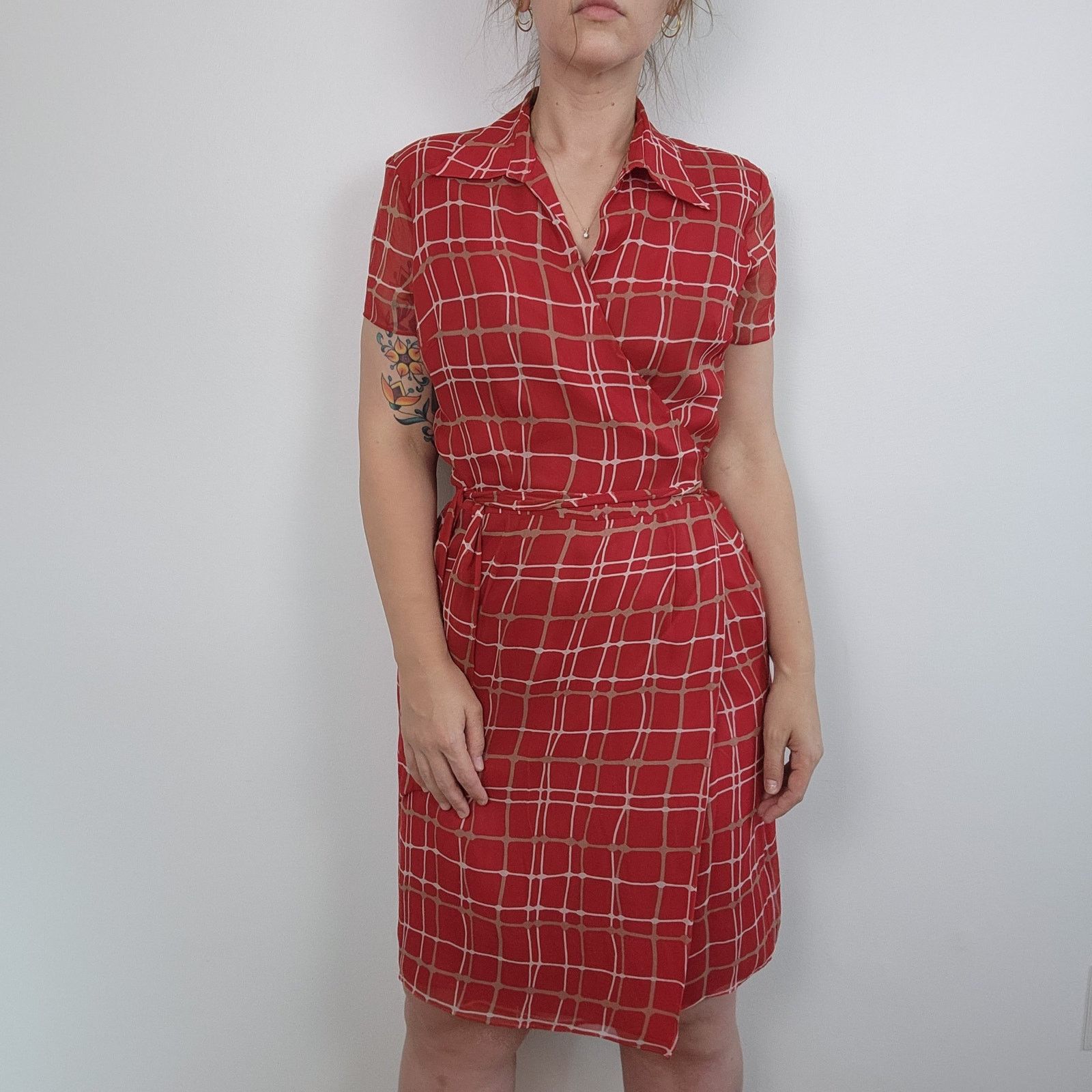 Other Silk 90s Wrap Dress Plaid Short Sleeve Checked Midi Red M Size M / US 6-8 / IT 42-44 - 3 Thumbnail